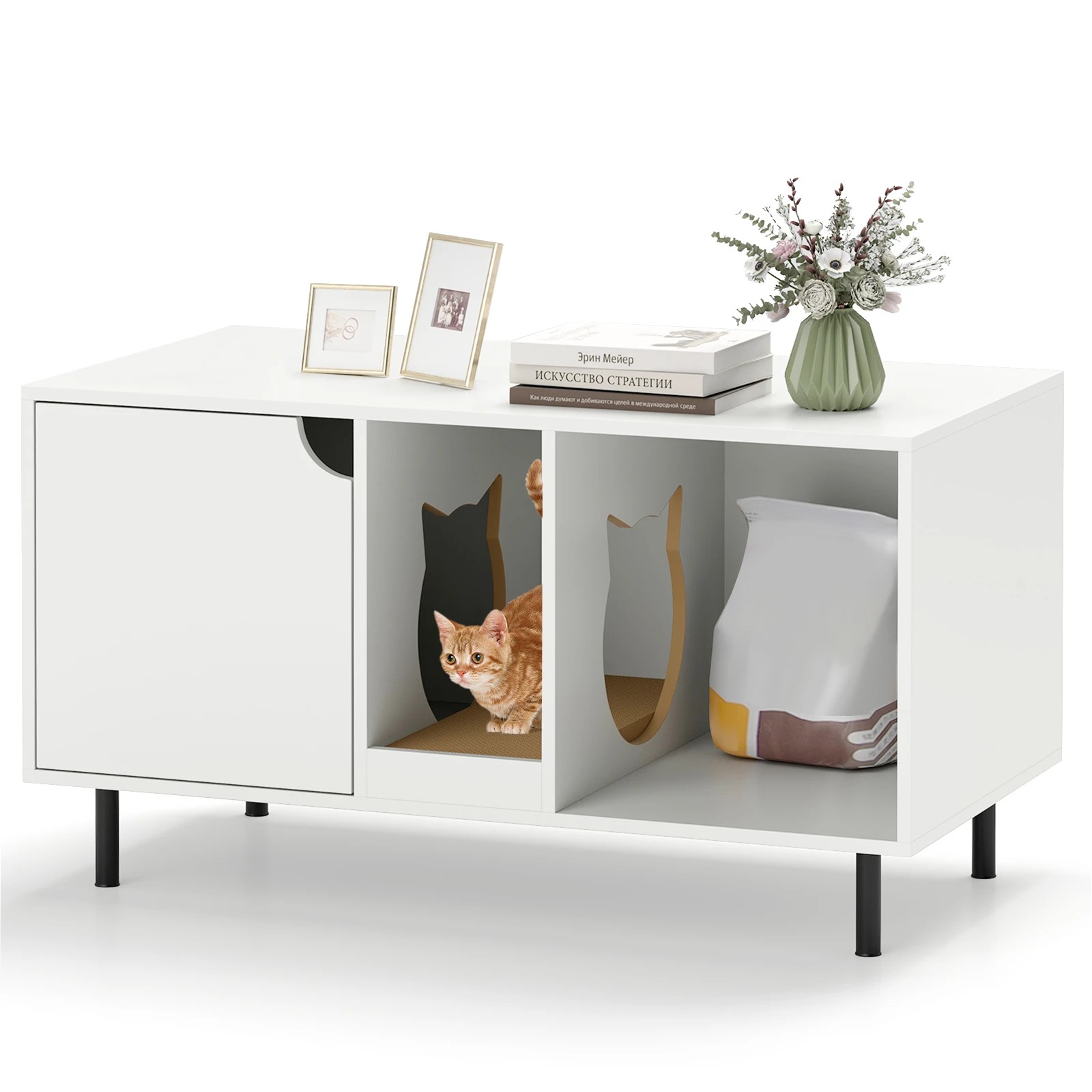 5 Costway Cat Litter Box Enclosure Hidden Cat Cabinet w/Scratching Board, 5 of 5