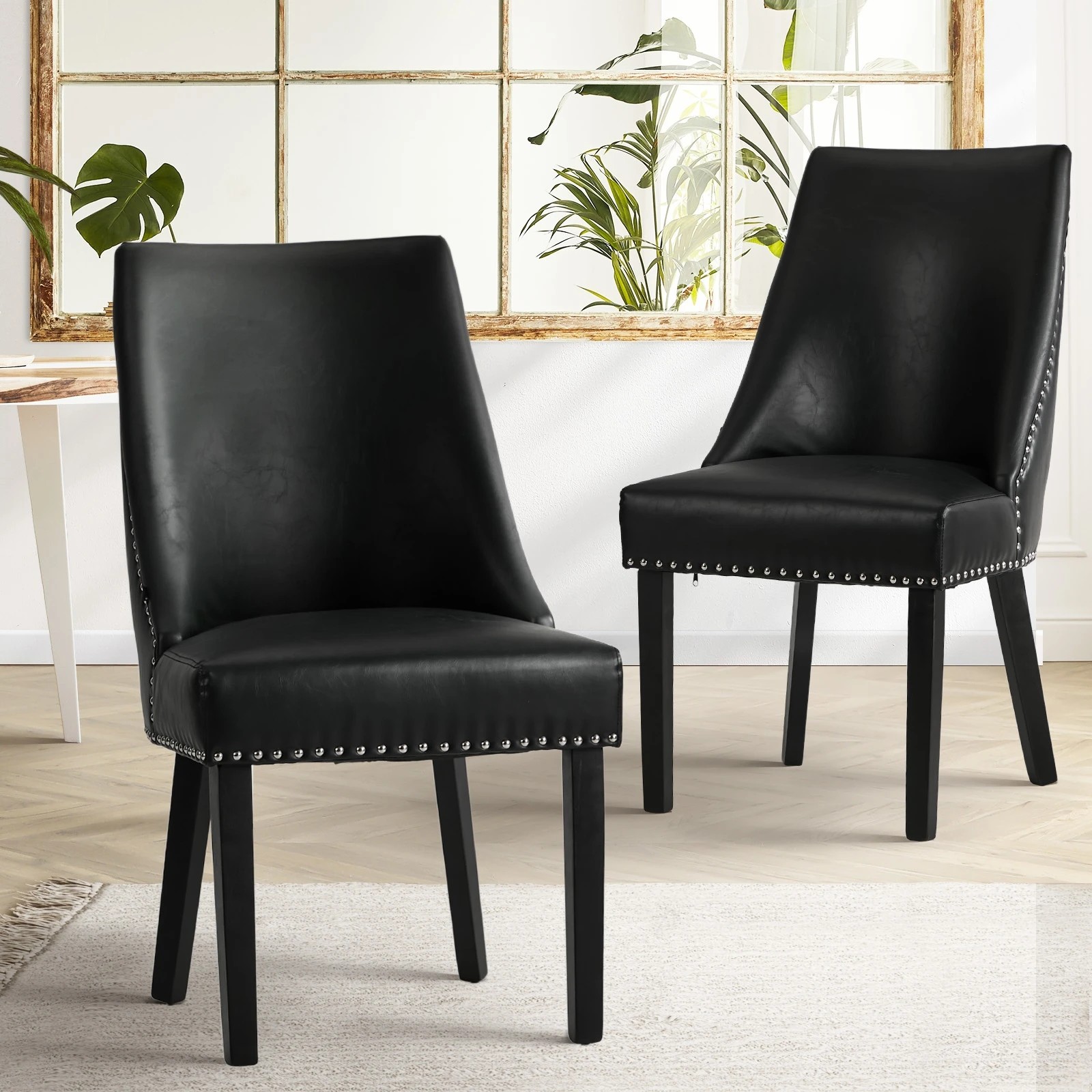 3 Oikiture 2PCs PU Leather Dining Chair Kitchen Padded Seat Winglet Design - Black, 3 of 9