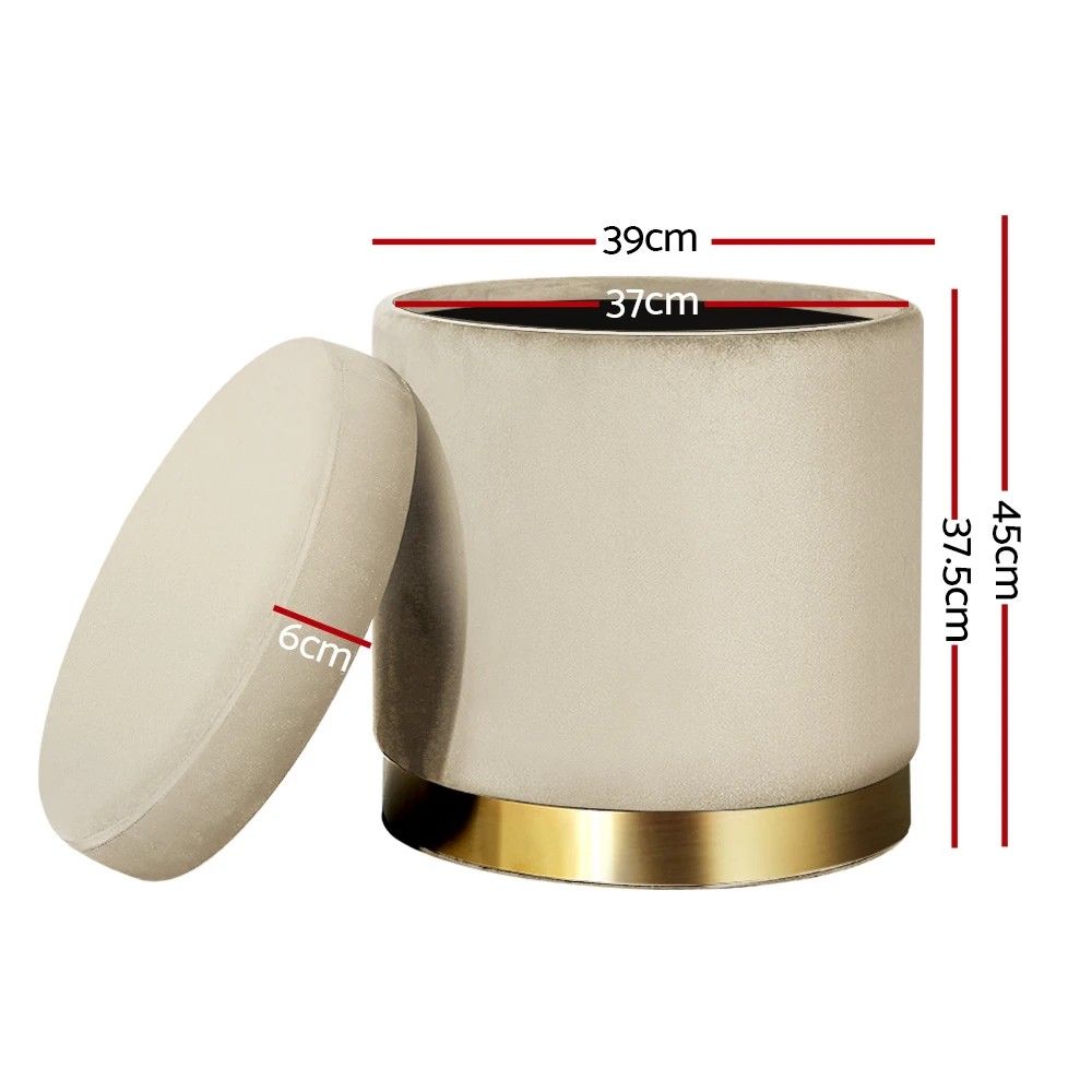 2 Artiss Ottoman Storage Foot Stool Round Velvet Cream - Beige, 2 of 5