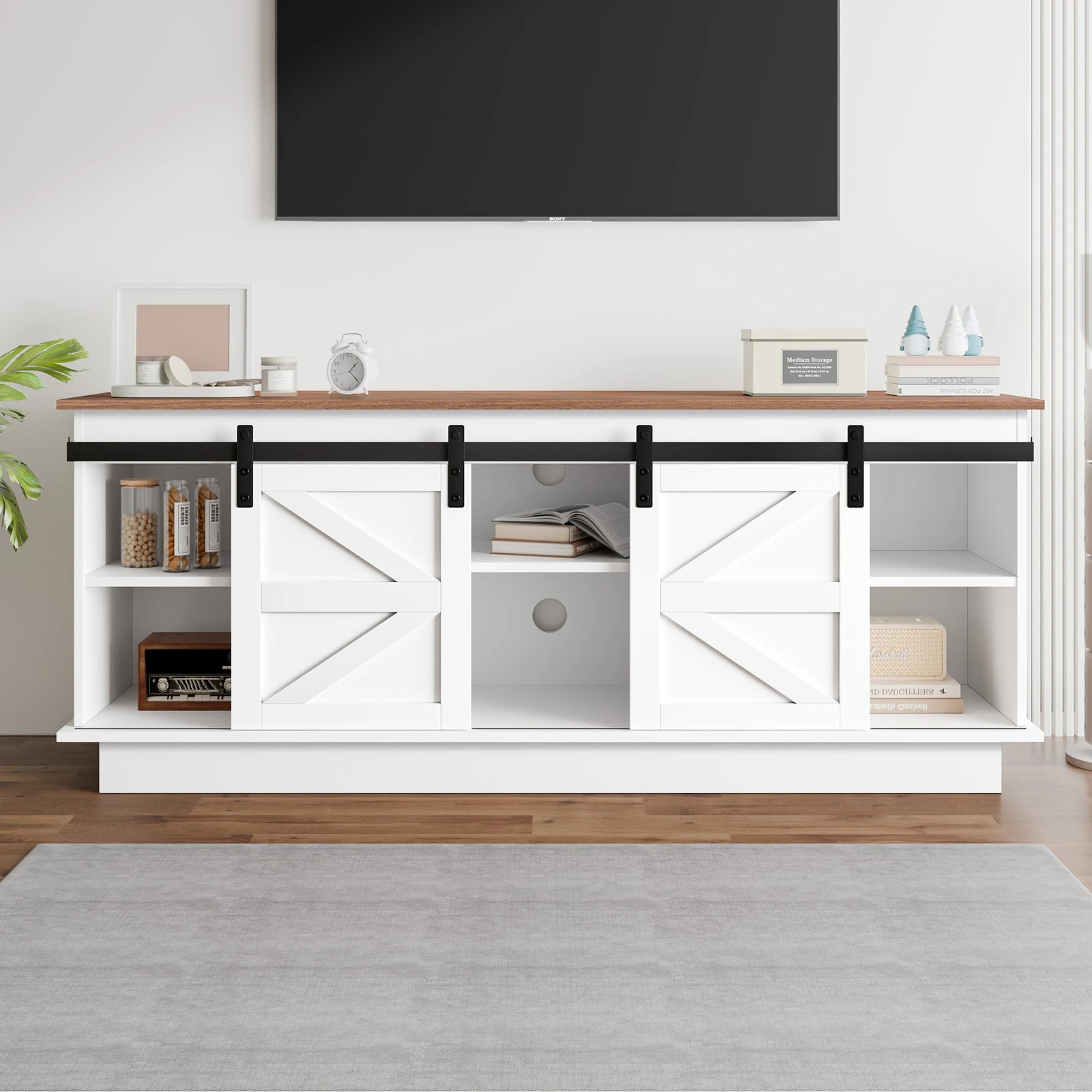 5 Alfordson Entertainment Unit TV Stand Storage Cabinet 150cm Sliding Doors - White, 5 of 8
