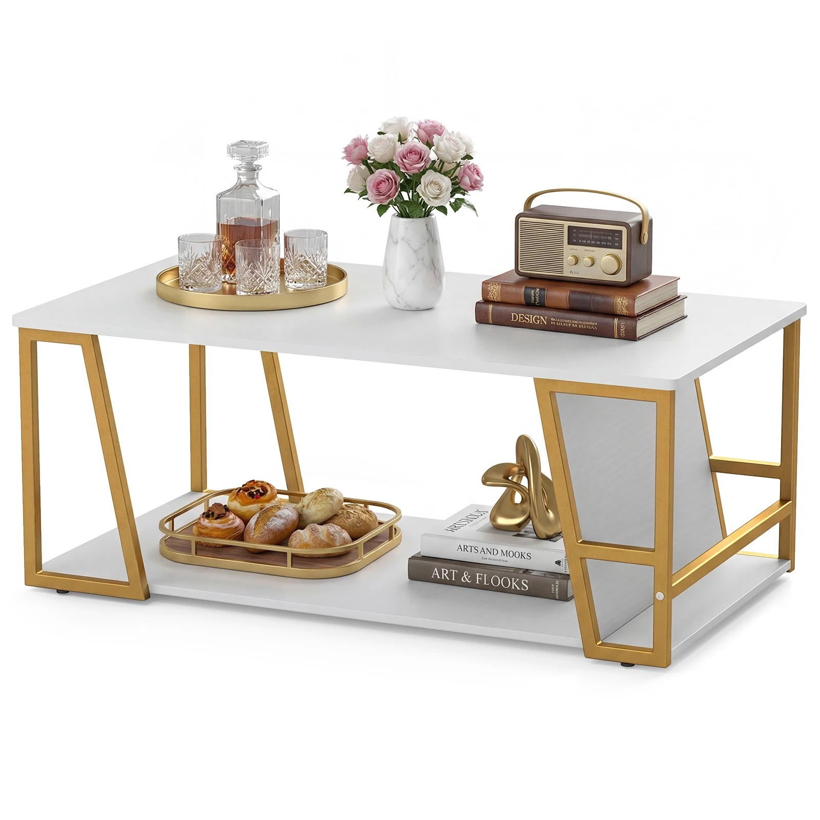 6 Costway 2-Tier Coffee Table Rectangle Center Table w/Geometric Metal Frame, 6 of 6