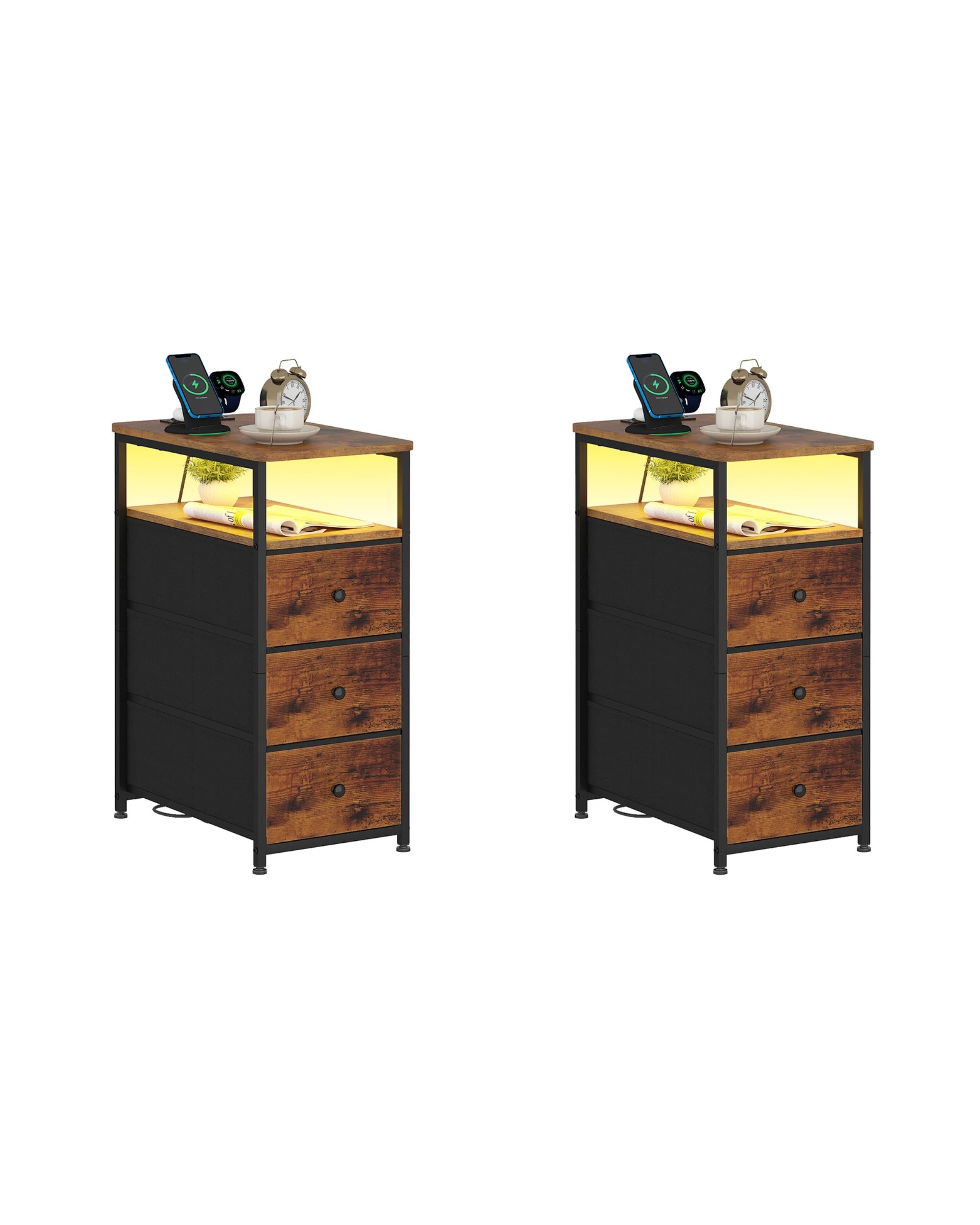 1 Advwin LED Bedside Tables Set of 2 with Drawer  - Brown, 1 of 9