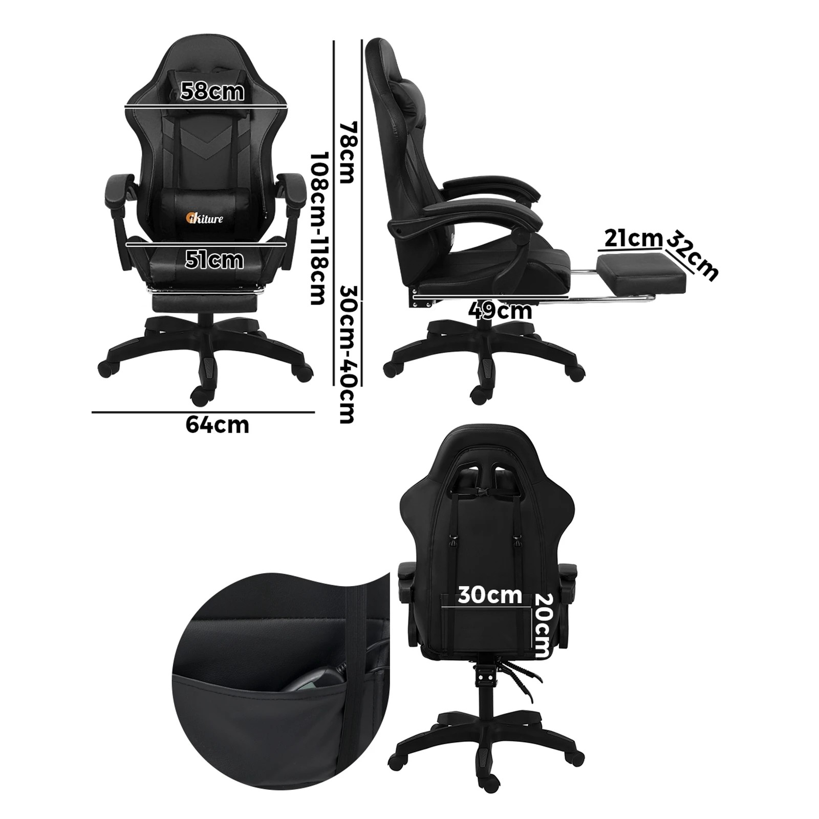 4 Oikiture 8-points Massage Gaming Chair Led
 - Black, 4 of 10
