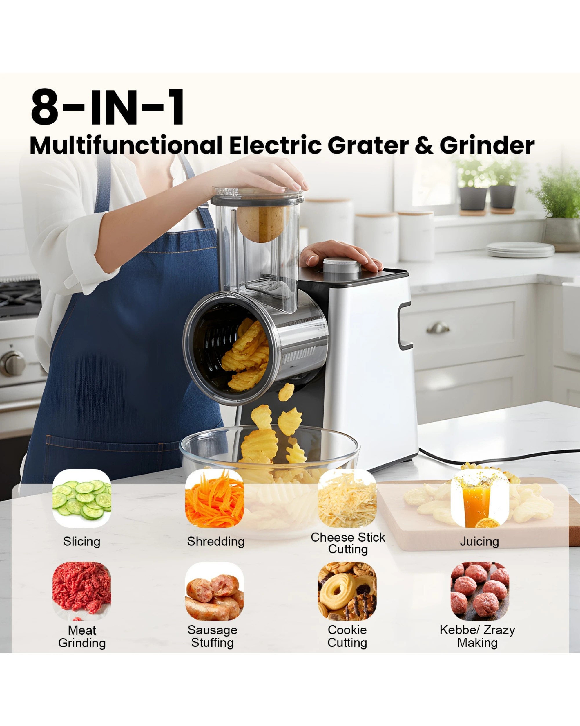 2 Advwin 8-IN-1 Electric Multi Food Processor, Cheese Grater, Meat Grinder Veges Slicer Shredder Sausage Stuffer, 2 of 8