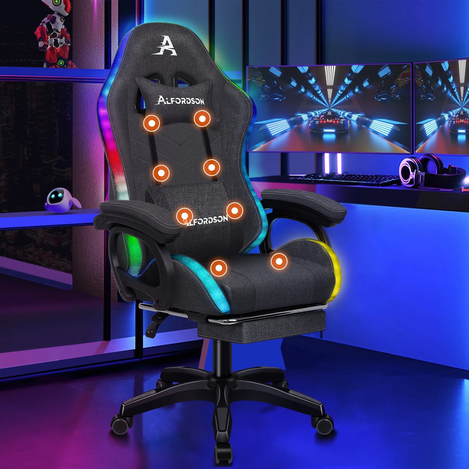 2 Alfordson Gaming Chair Office 12 RGB LED Massage Computer Seat Fabric - Grey, 2 of 10