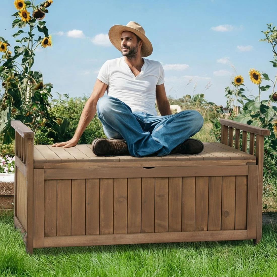 6 Gardeon Outdoor Storage Bench Box Wooden Garden Toy Tool Sheds Patio Furniture - Brown, 6 of 8