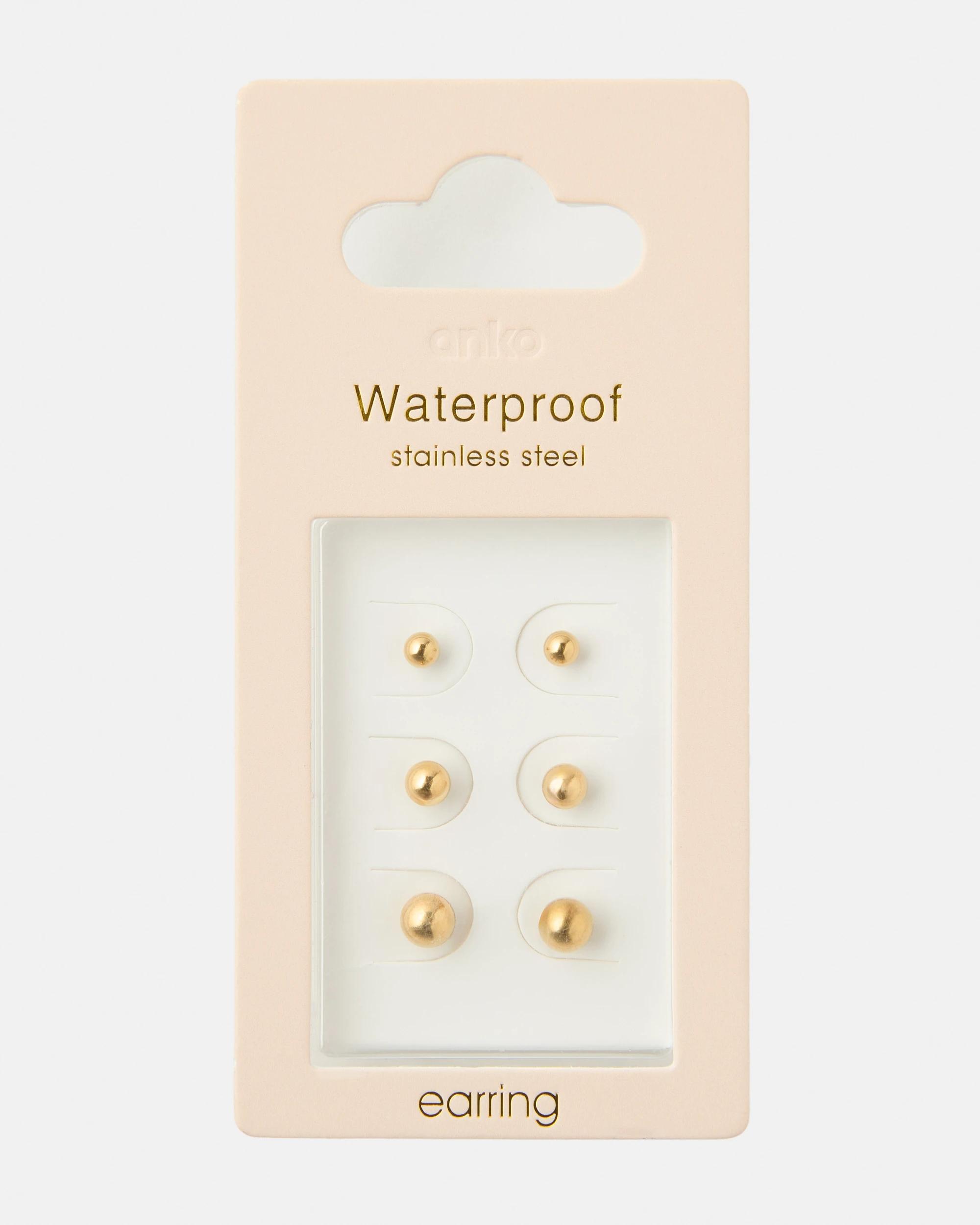 3 3 Pack Waterproof Stainless Steel Ball Stud Earrings - Gold Tone Gold, 3 of 3