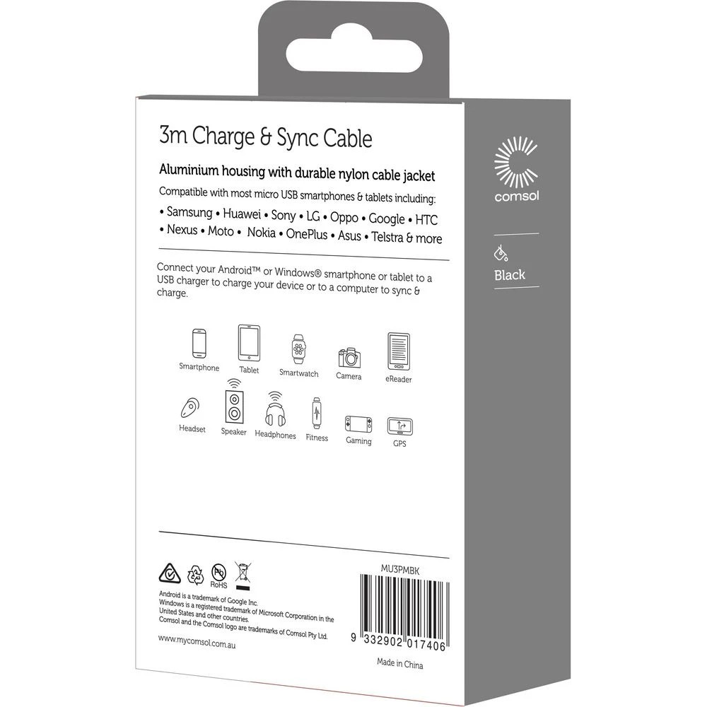 3 Comsol Premium Micro USB Charge and Sync Cable 3m Black, 3 of 4