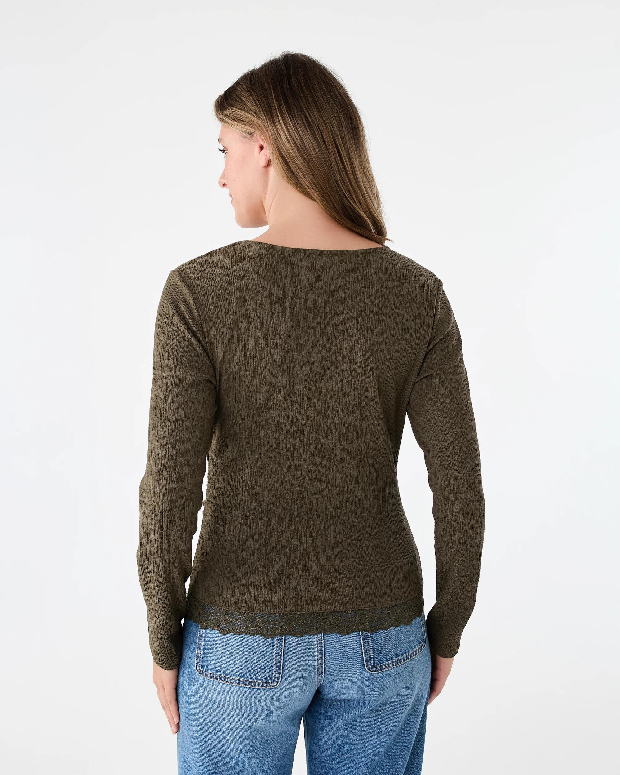 3 Long Sleeve Asymmetrical Lace Trim Top Deep Olive, 3 of 7