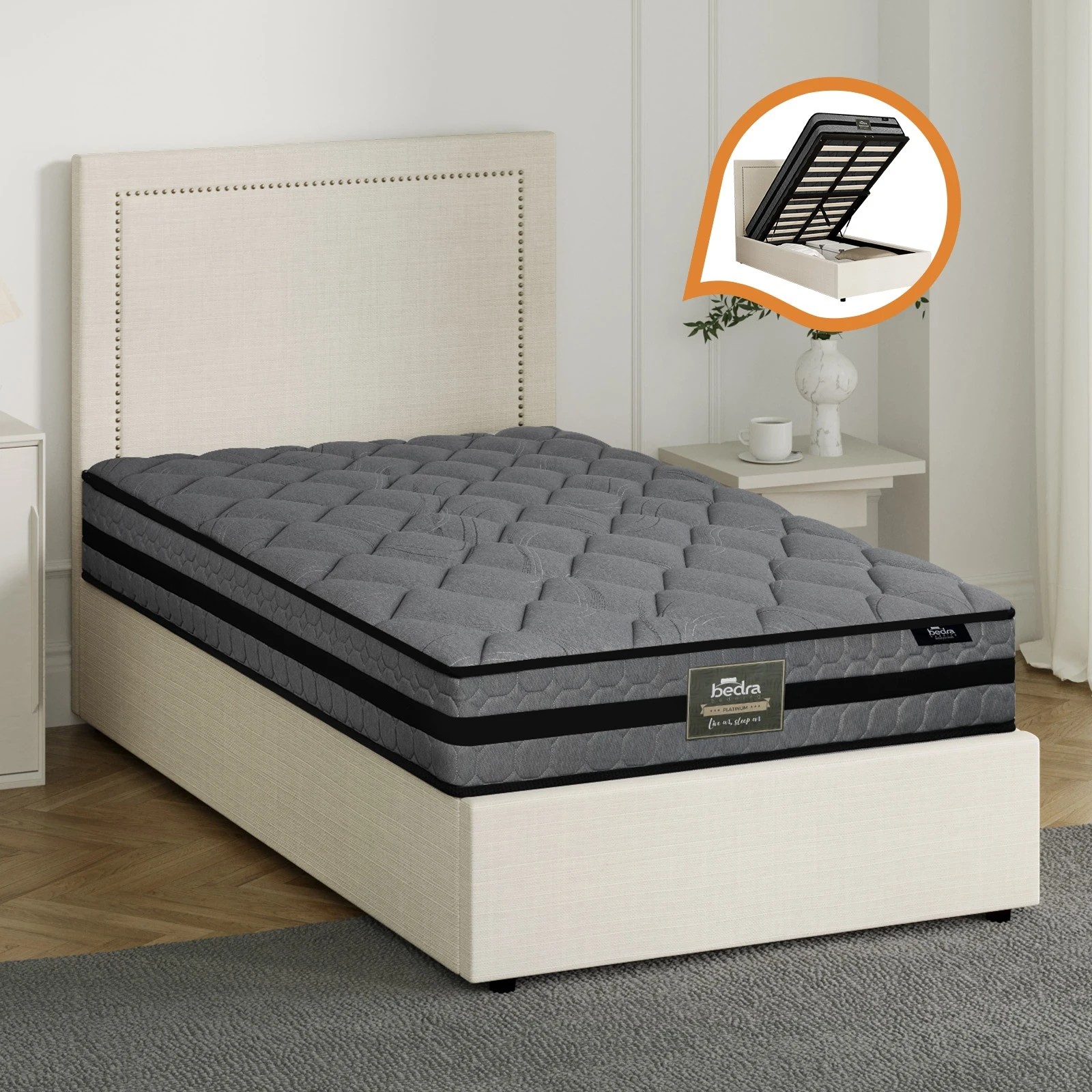 3 Oikiture Bed Frame King Single Size Gas Lift Storage Beds With Mattress Set ADI - Beige, 3 of 8