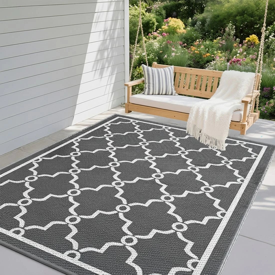 4 Gardeon Outdoor Rugs 152x244cm Large Carpet Reversible Area Mat PP Dual-Sided Patio Rug Maroc - Grey, 4 of 8