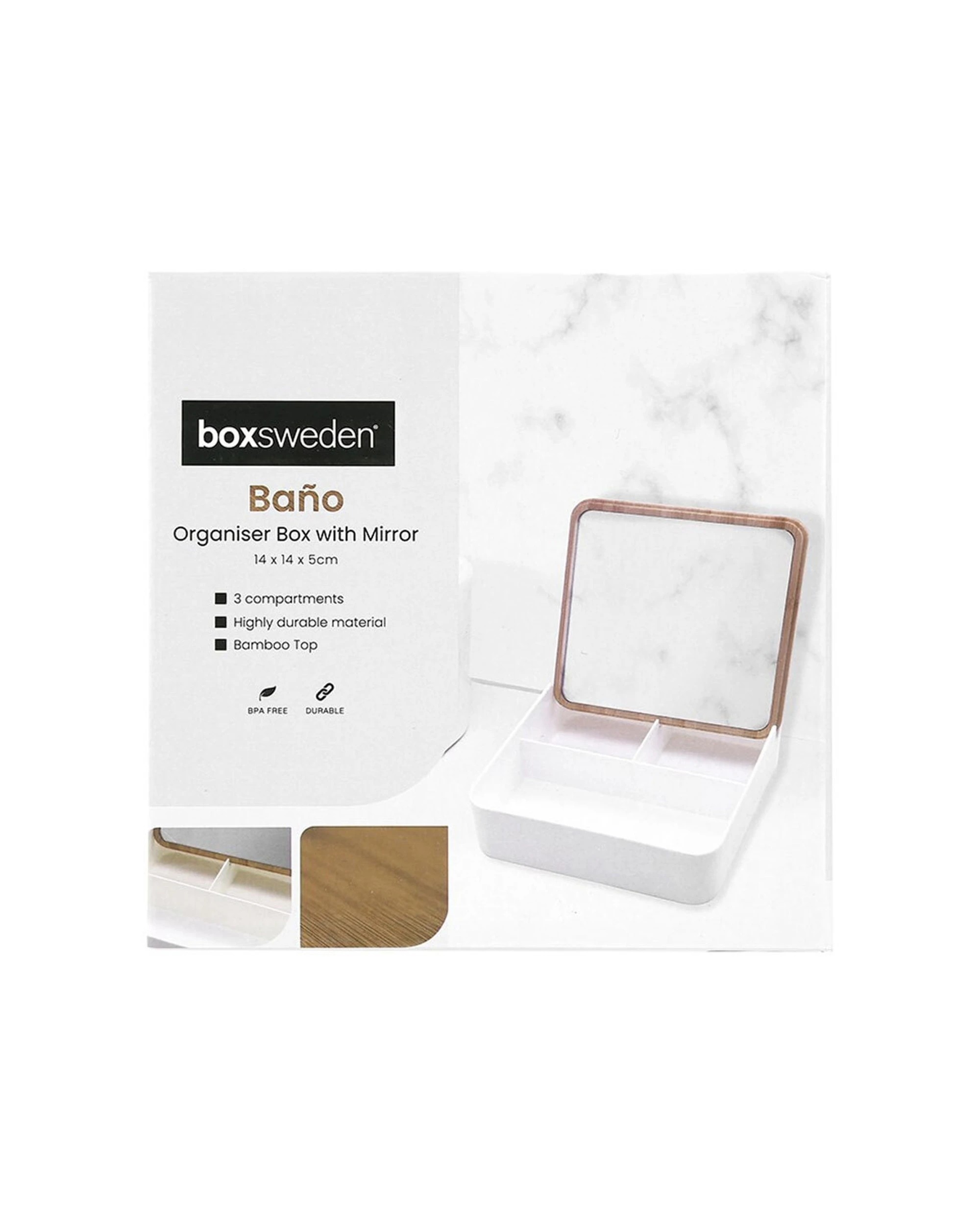 5 Boxsweden Bano Sqaure Organiser Box With Mirror Bamboo Top 14x14x5cm - Plastic, 5 of 5