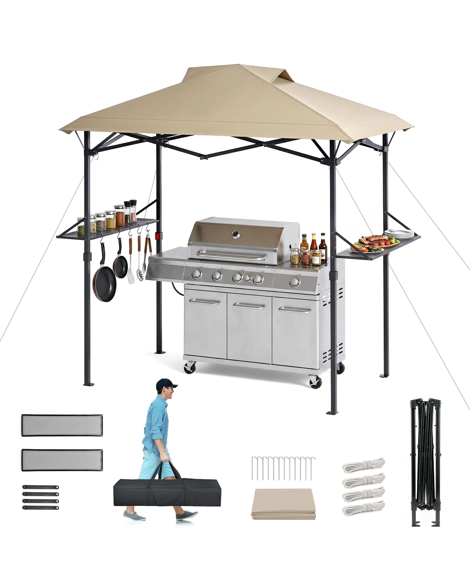 1 Advwin Grill BBQ Gazebo Outdoor Foldable -Beige, 1 of 8