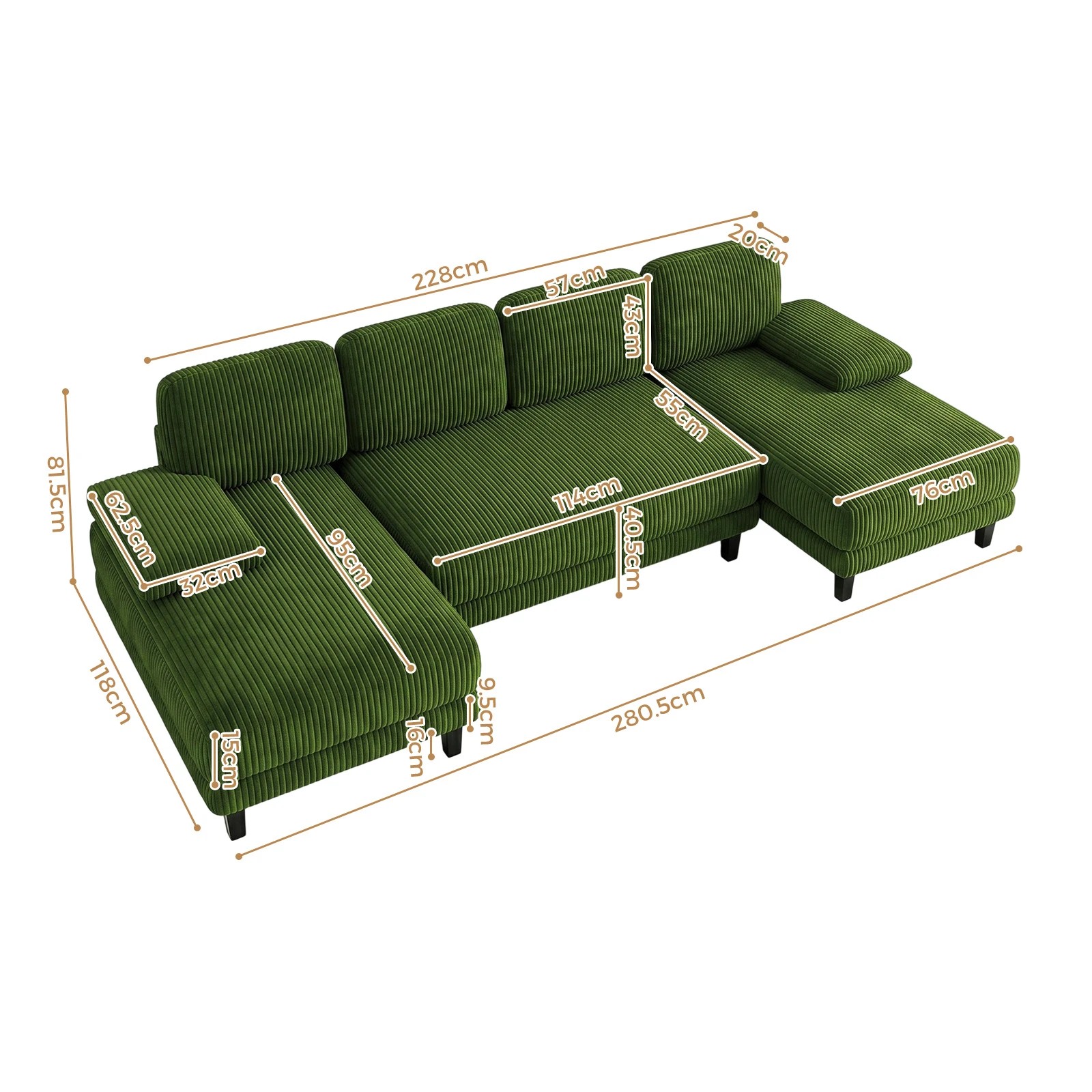 2 Advwin Sectiona Sofa 4-Seater Corduroy Fabric U Shape Couch 280cm - Green, 2 of 6