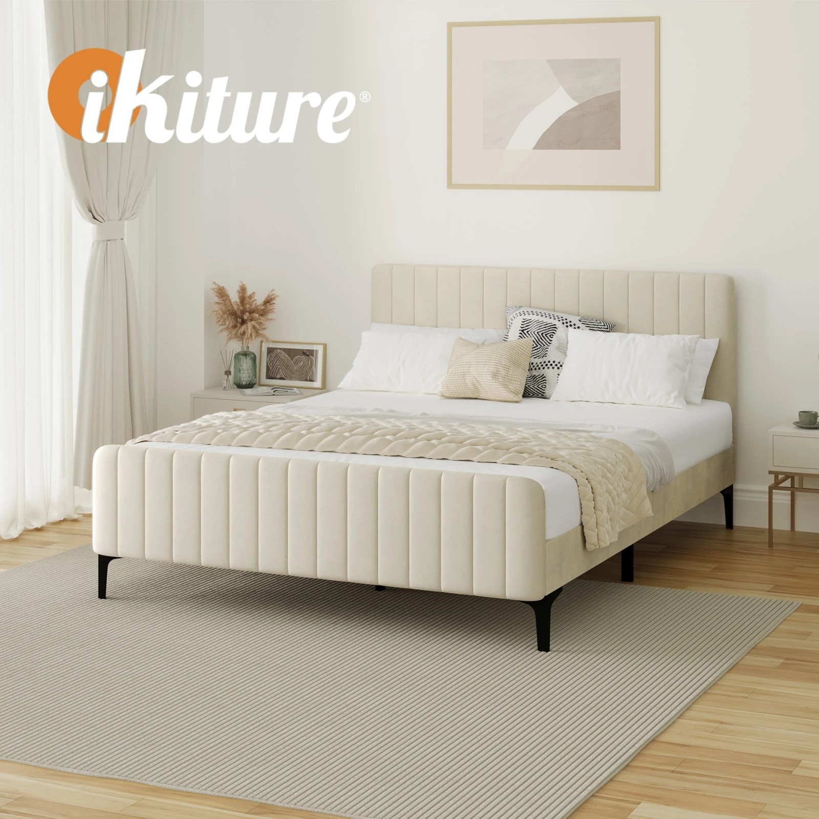 6 Oikiture Queen Bed Frame Beds Platform Velvet
 - Beige, 6 of 10