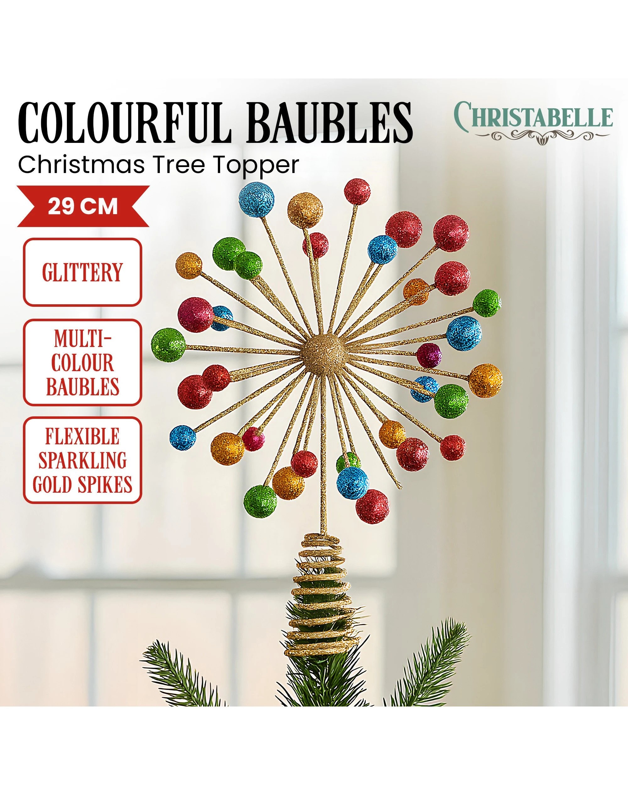2 Christabelle Christmas Tree Topper Glittery Baubles Gold Decoration Multi-colour Ornaments, 2 of 4