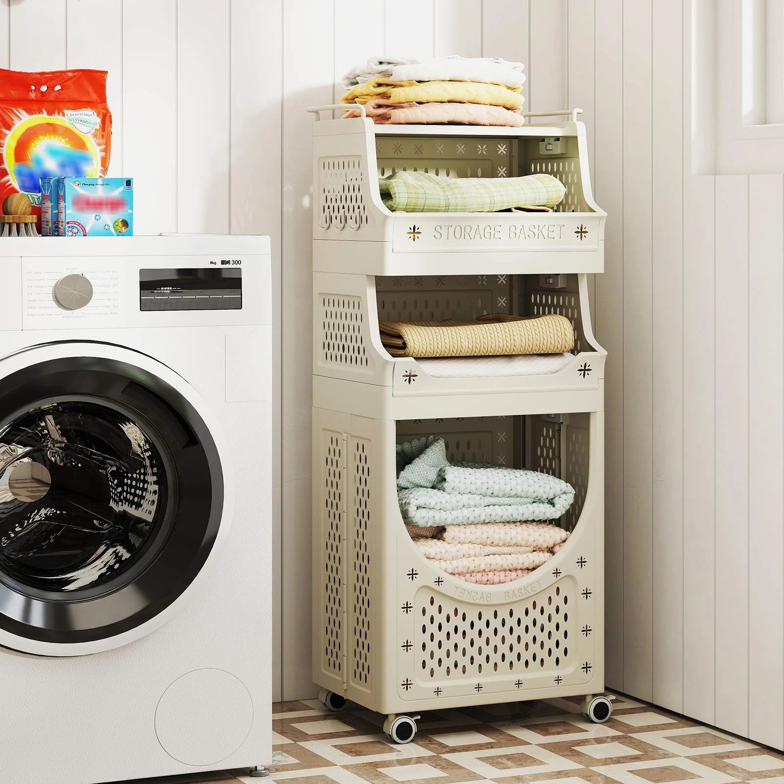 2 Costway 4-Tier 61L Laundry Cart Folding Hamper w/6 Hanging Hooks Utility Cart, 2 of 4