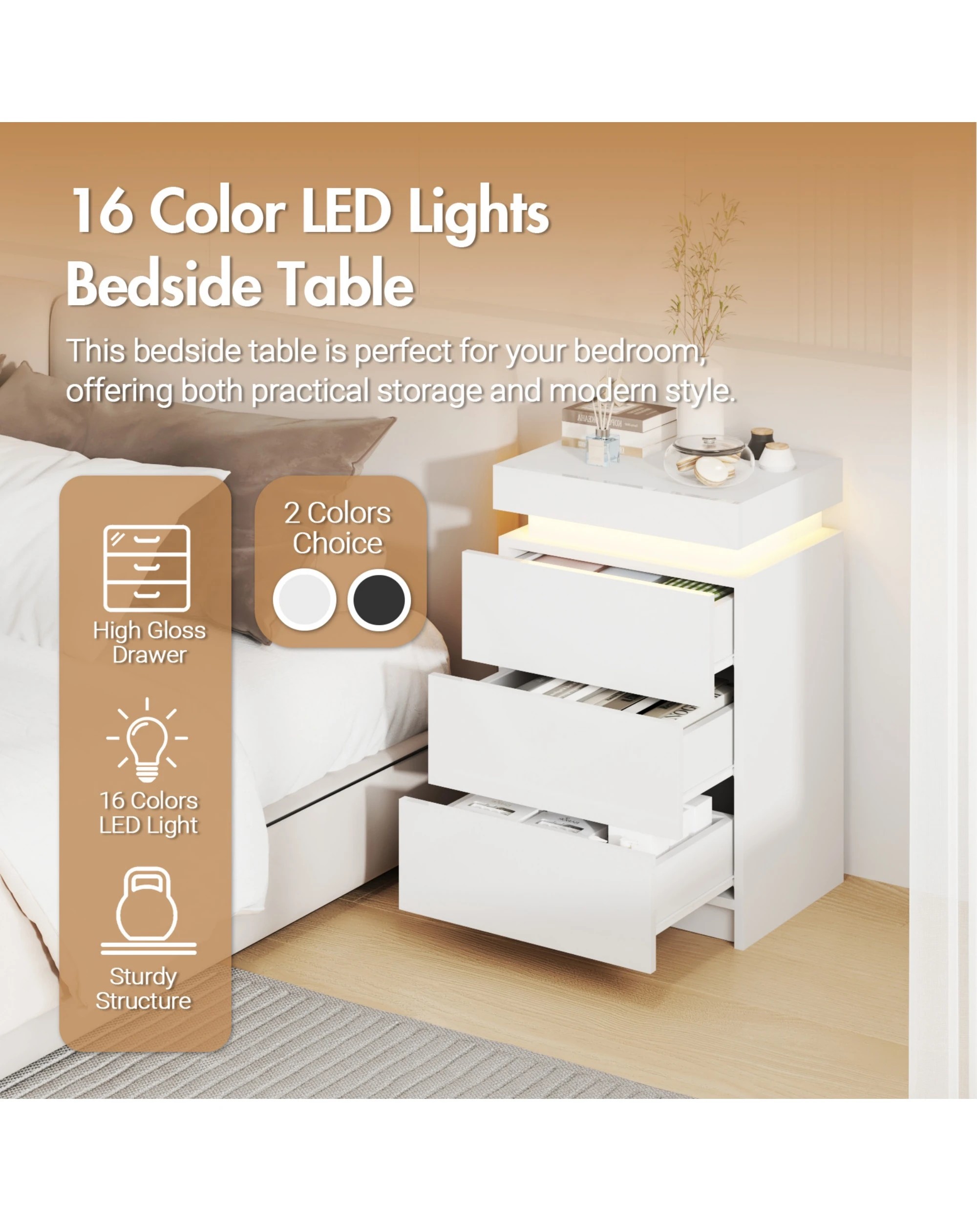 6 Advwin Led Nightstand With 3  Drawers And Hidden Storage
 - White, 6 of 9