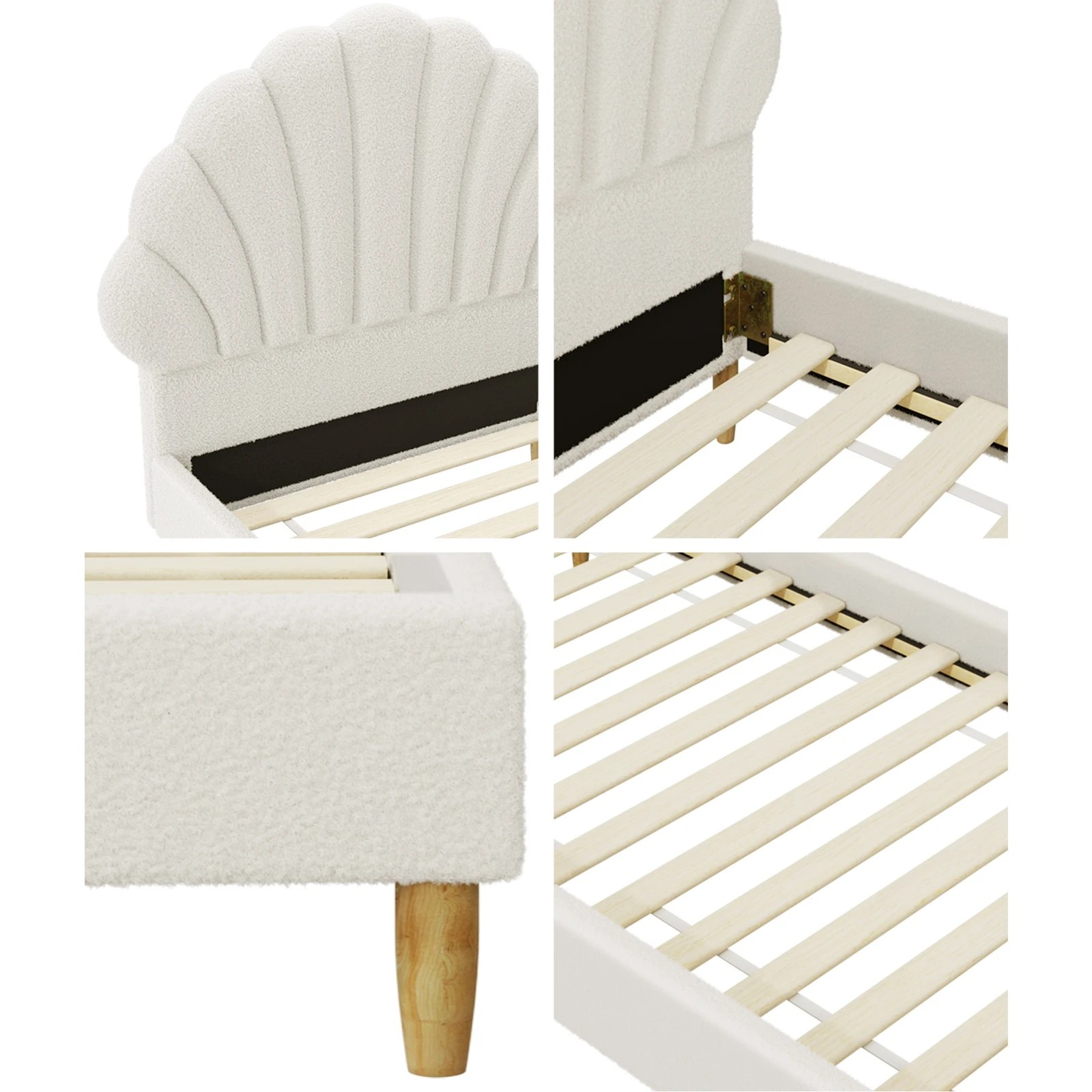 4 Oikiture Boucle Bed Frame with Ottoman Set Scallop Shaped Sherpa Bedhead Single - White, 4 of 9