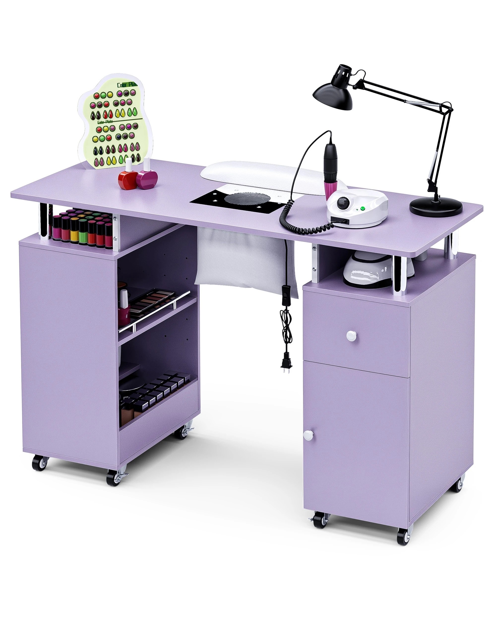 4 Advwin Manicure Table Vanity Desk for Nail Tech with Dust Collector Wrist Rest Lockable Wheels - Purple, 4 of 10