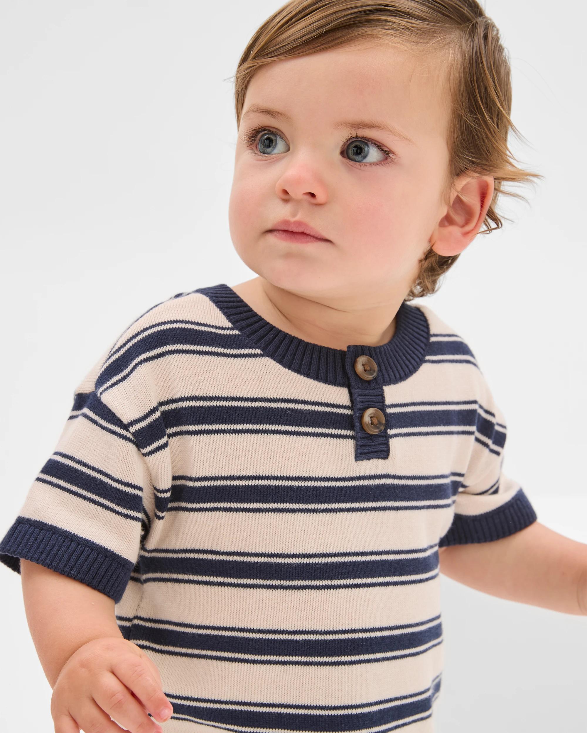 3 Target Baby Baby Organic Cotton Knit Henley Stripe Romper NAVY, 3 of 5