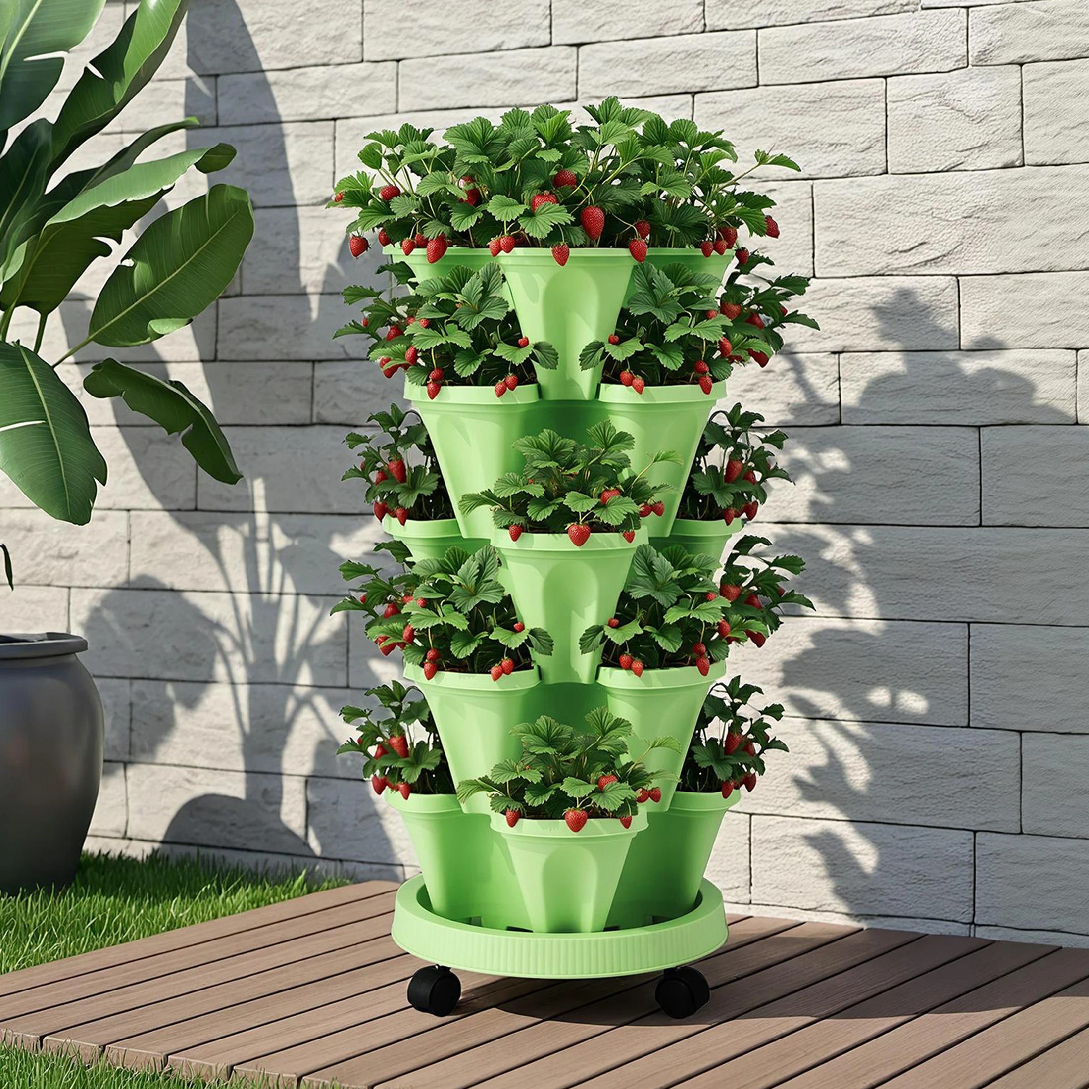 5 Green Fingers Garden Bed 5 Tier Vertical Garden Grey Strawberry Stackable Planters Herbs - Green, 5 of 5