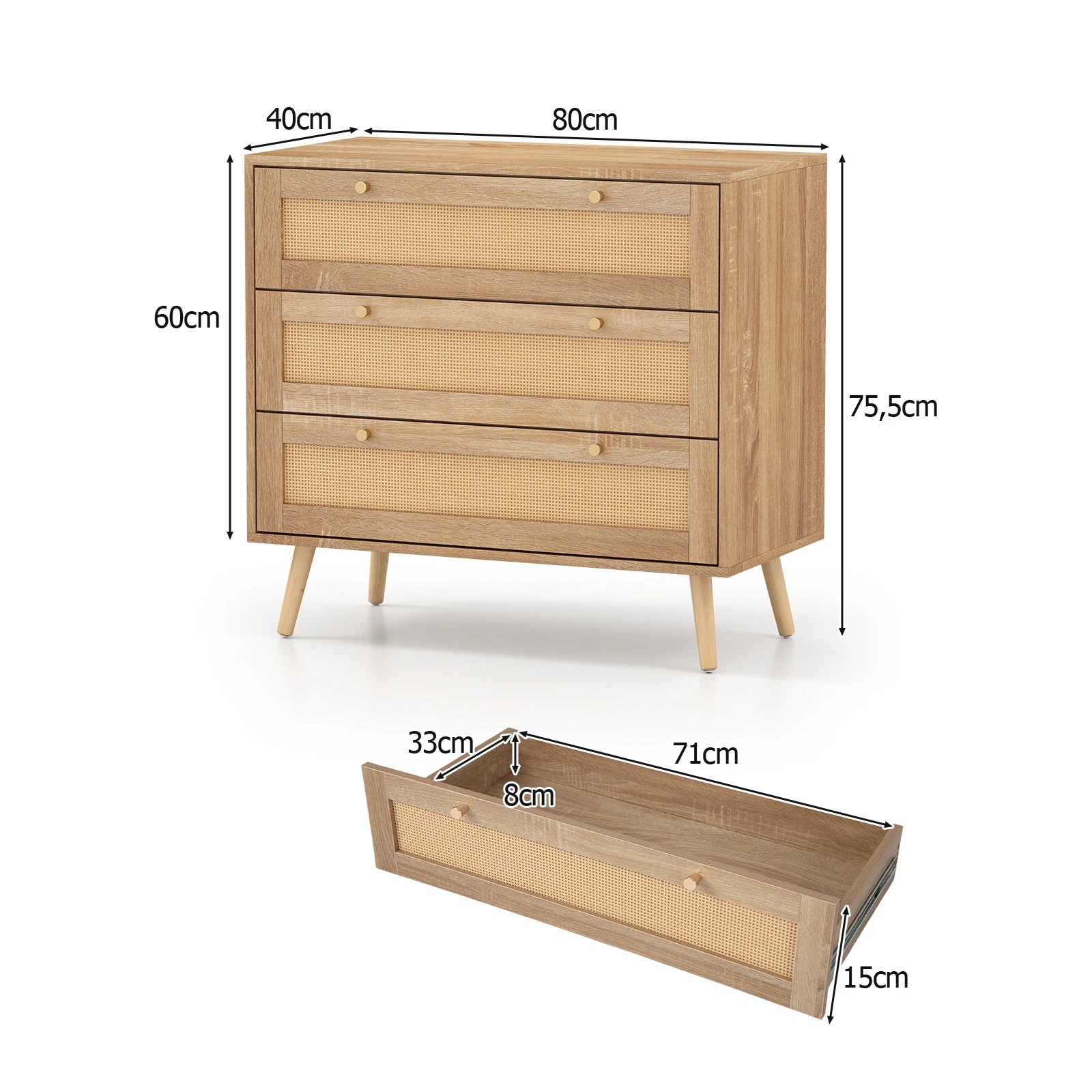 5 Costway 3 Chest of Drawer Rattan Dresser Chest Nightstand Bedside Table Cabinet, 5 of 6