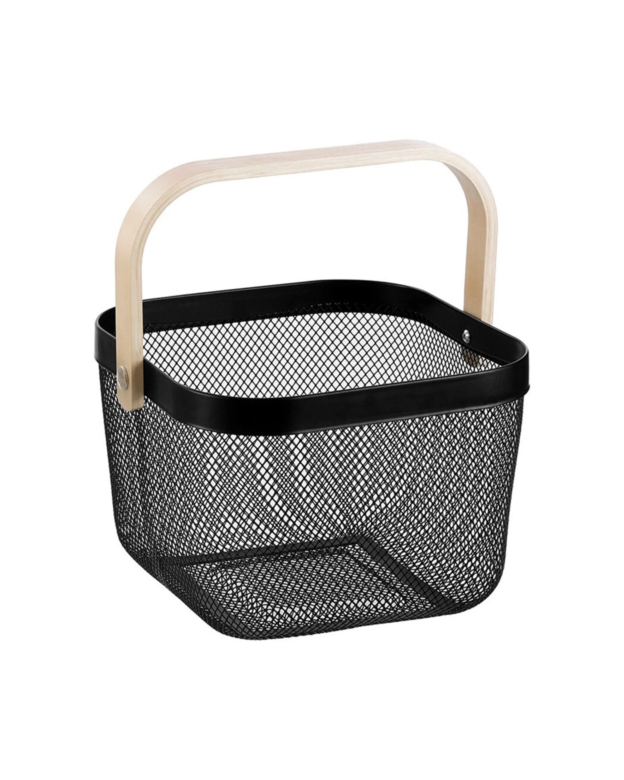 2 Boxsweden 2PK Mesh Storage Basket Birch Wood Handle Durable Mesh Wire 25X25X17cm - Black, 2 of 4
