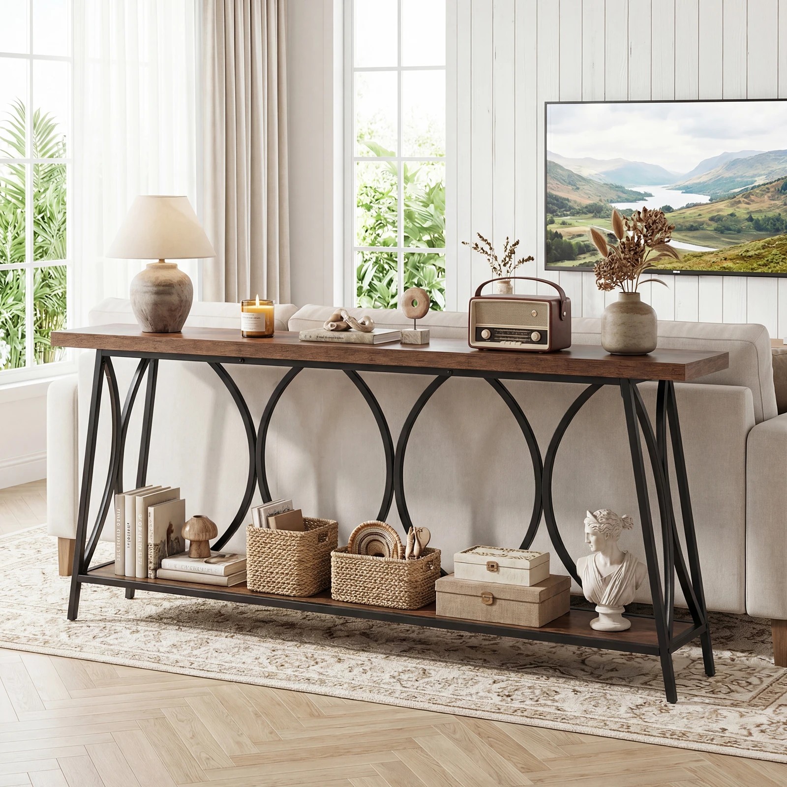 4 Costway 180cm Extra Long Console Table 2-Tier Narrow Sofa Table, 4 of 7
