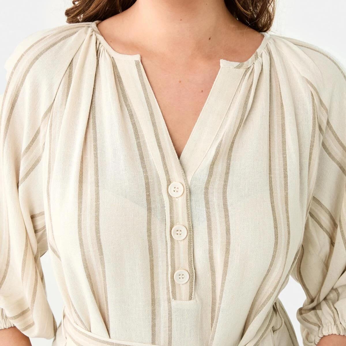 6 Elbow Sleeve Linen Blend Mini Dress STRIPE NATURAL BEIGE, 6 of 9