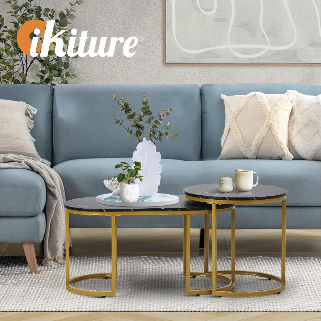 4 Oikiture Coffee Table Set Of 2 Nesting Side End Tables Marble Effect
 - Black, 4 of 9