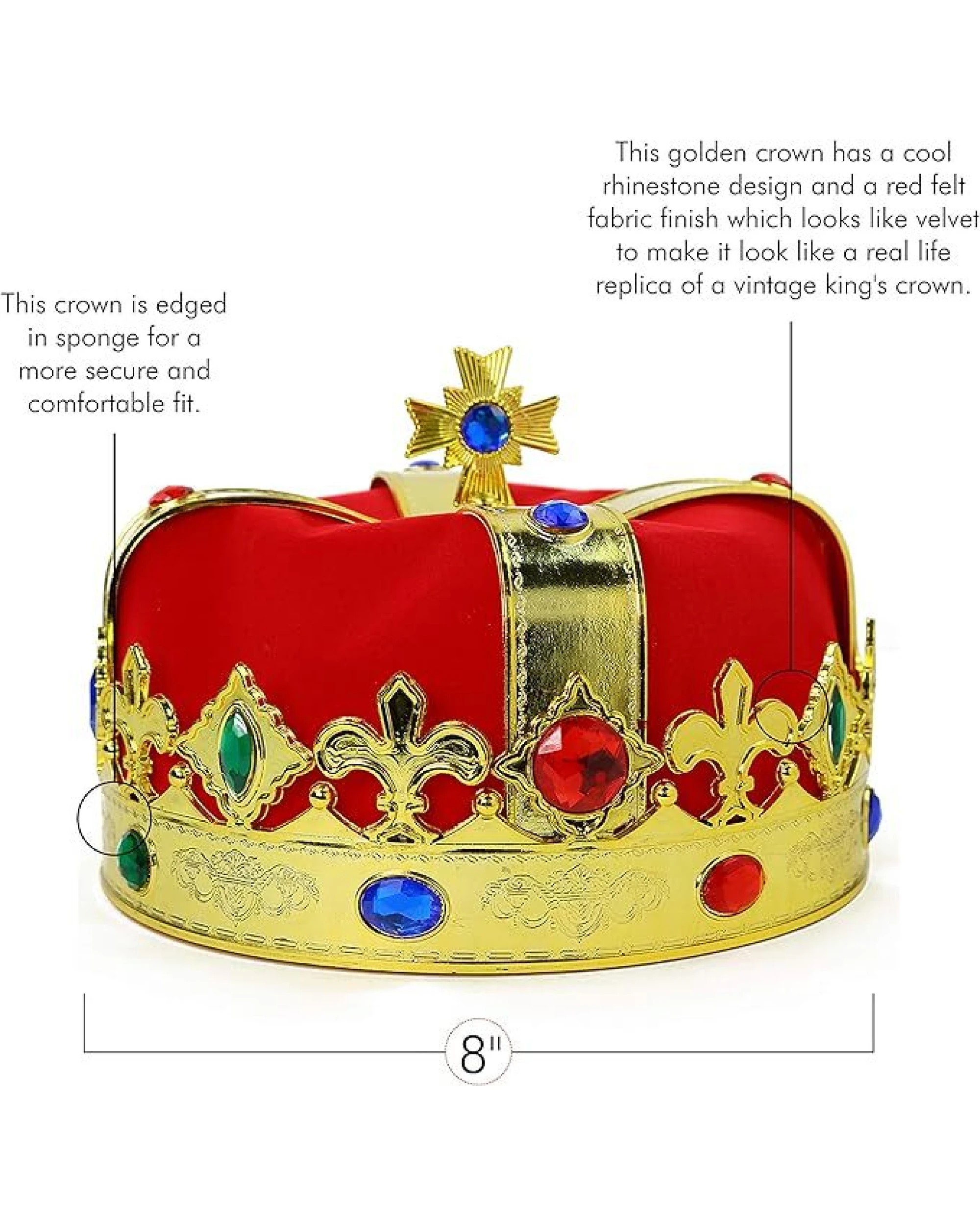 5 Br Costumes King Hat Crown Costume Halloween Prince Party Dress Soft Regal Jeweled Cap, 5 of 5