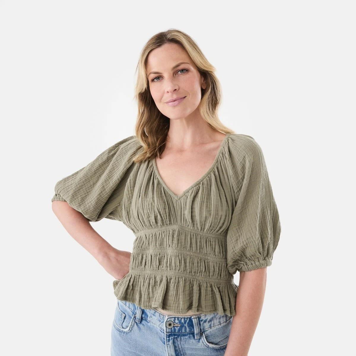 1 Short Sleeve Ruched Peplum Top Pave Grey, 1 of 6