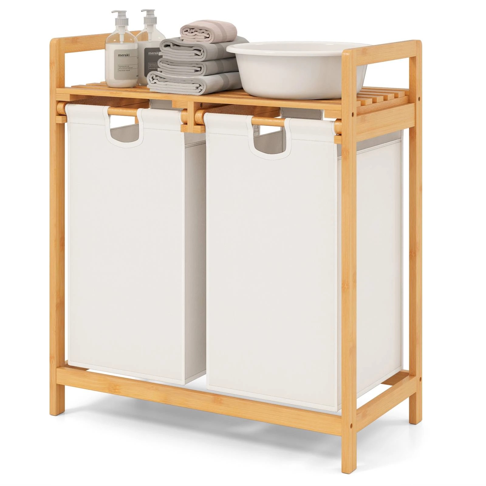 3 Costway Bamboo Laundry Hamper 2-Section Laundry Sorter Basket w/Sliding Bags, 3 of 3