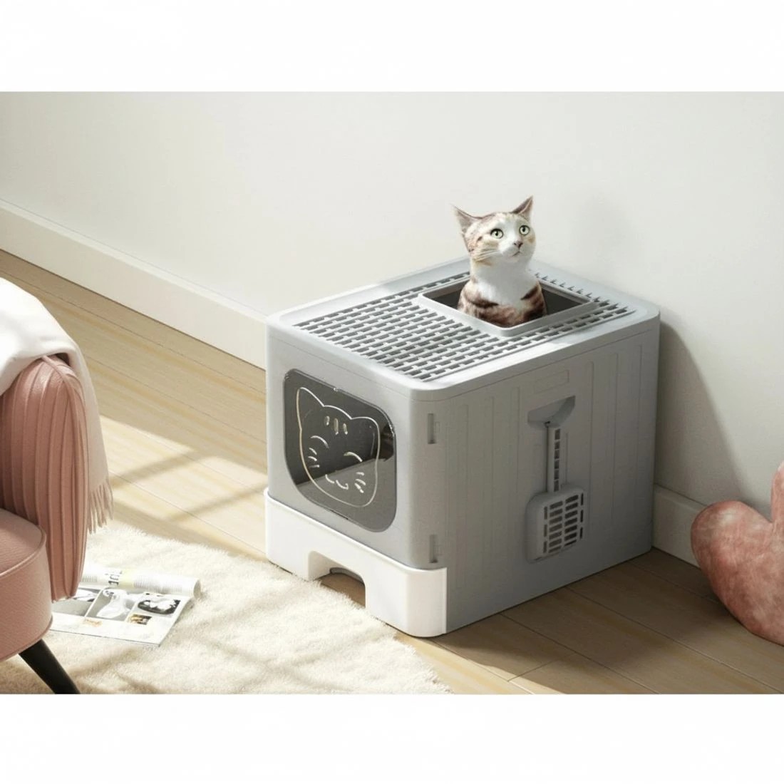 7 i.Pet Cat Litter Box Large Tray Kitty Toilet Enclosed Hooded Foldable Scoop - Grey, 7 of 7