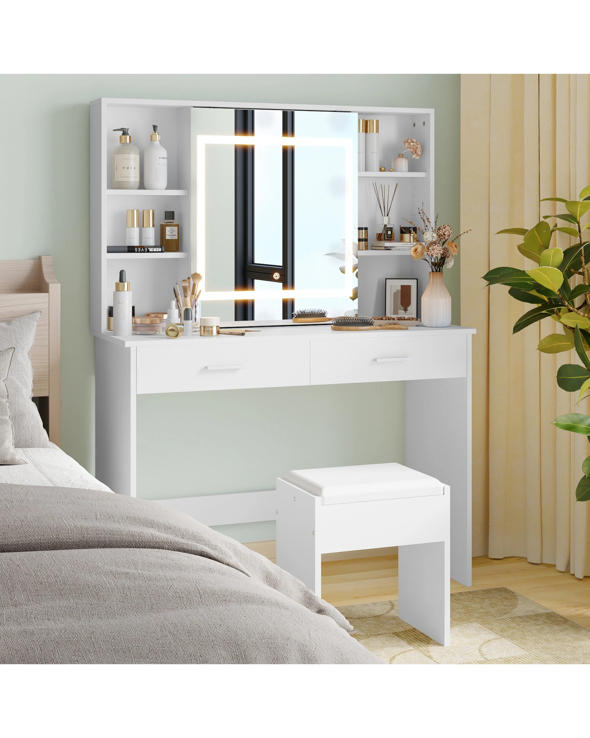 2 Advwin Dressing Table Stool Set With Slide Make Up Led Mirror Vanity Desk With 2 Storage Drawers And Open Storage Shelf, 2 of 7