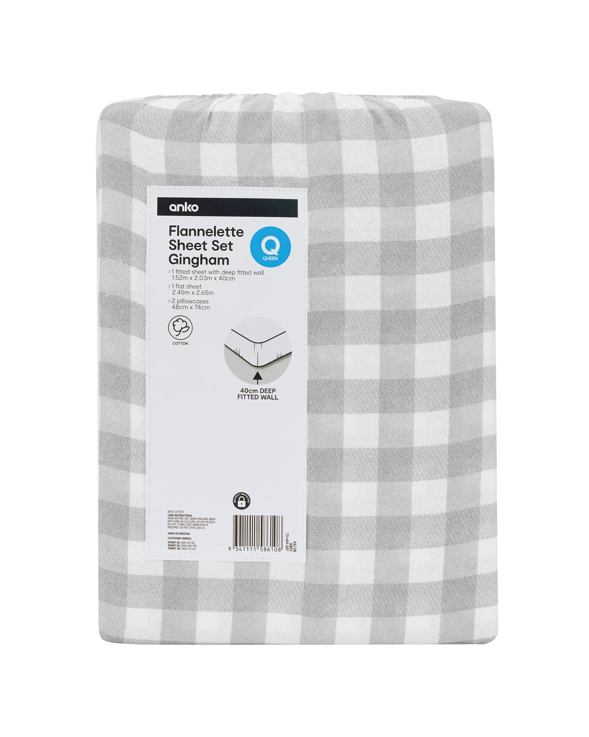 7 Gingham Cotton Flannelette Sheet Set - Queen Bed, Grey, 7 of 7