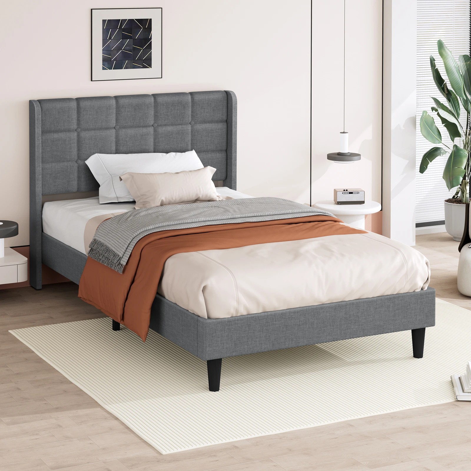9 Alfordson Bed Frame Single Size Upholstered Wingback Base Fabric Sarah - Grey, 9 of 10