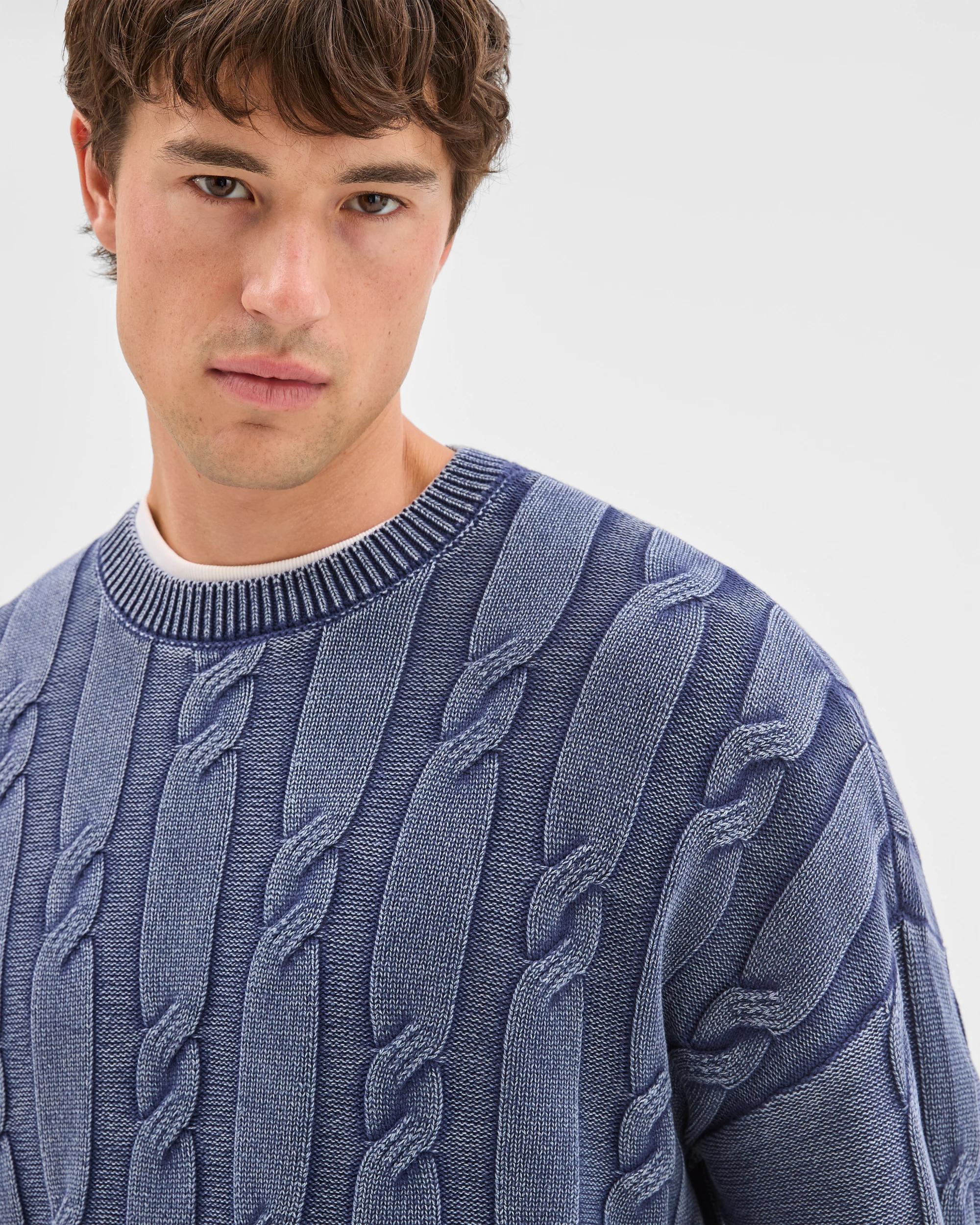 7 Commons Australian Cotton Cable Knit Washed Crew Jumper ACID NAVY, 7 of 8