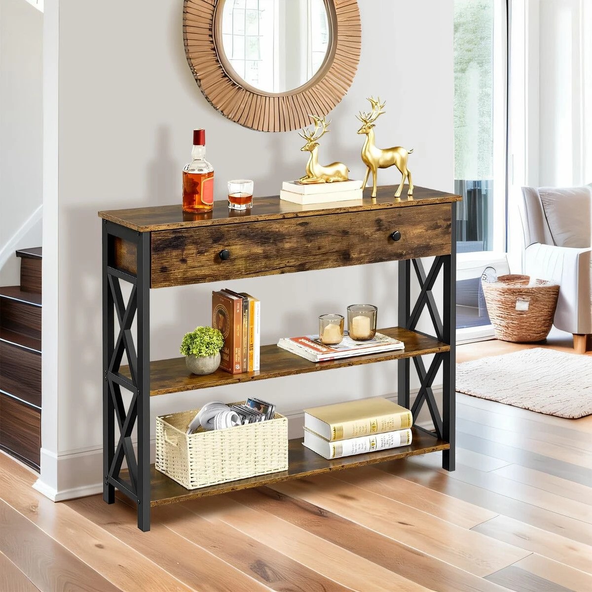 3 LUXSUITE Industrial Console Table with Drawer Hall Entryway, 3 of 8