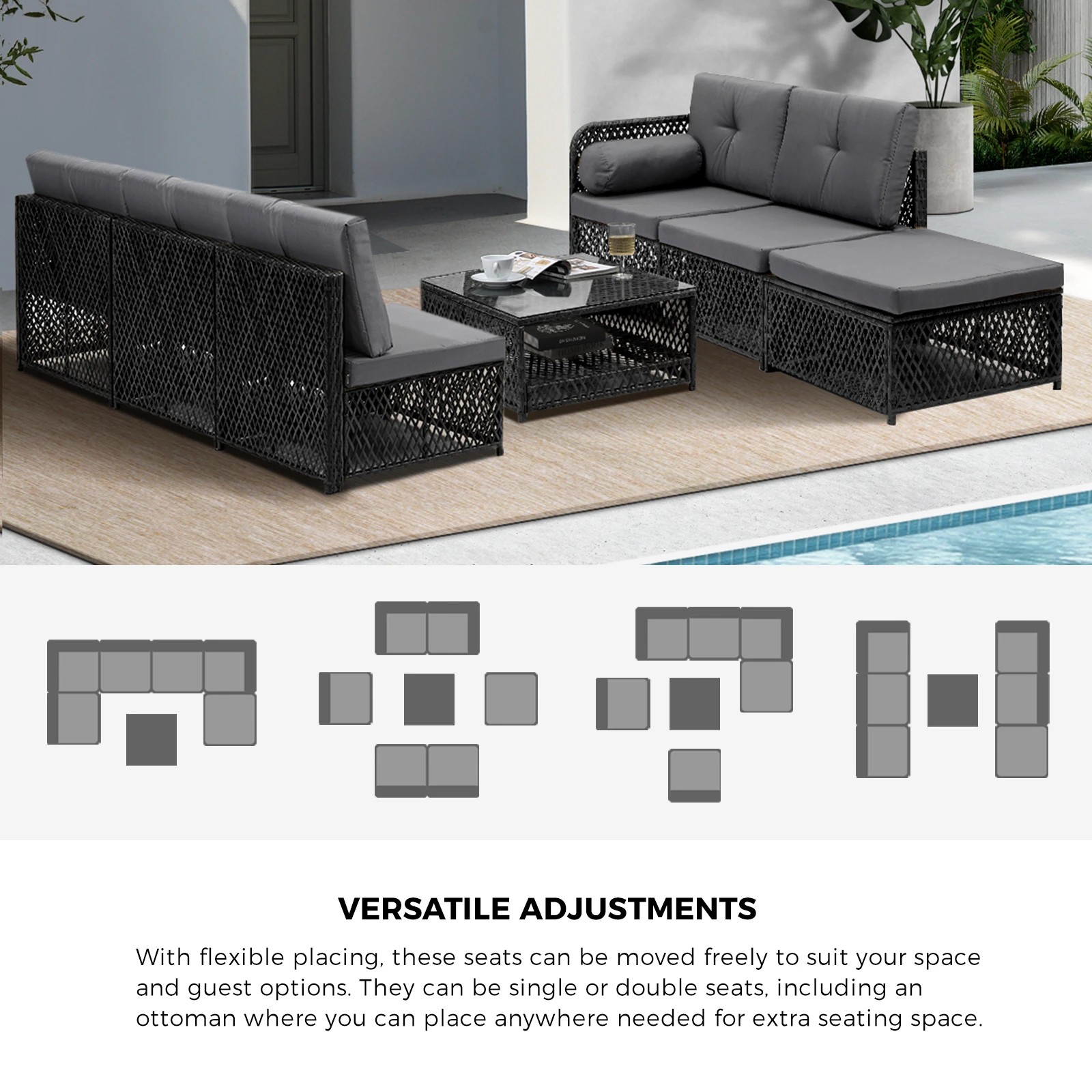 5 Livsip Outdoor Sofa Set 6 Seater Wicker Lounge Setting - Black, 5 of 8