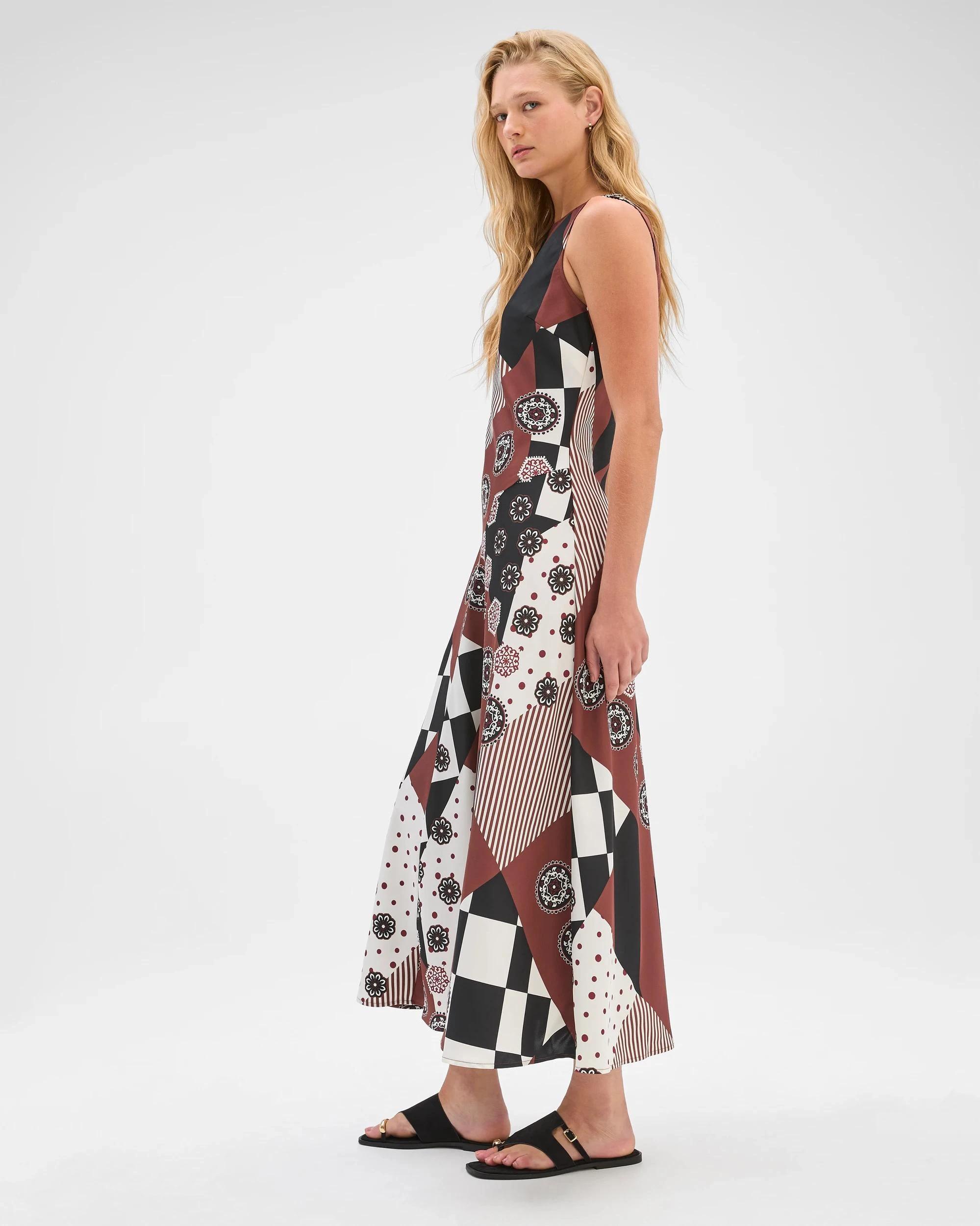 4 Preview Sleeveless Cowl Neck Asymmetric Hem Midi Dress SPLICED PRINT, 4 of 7