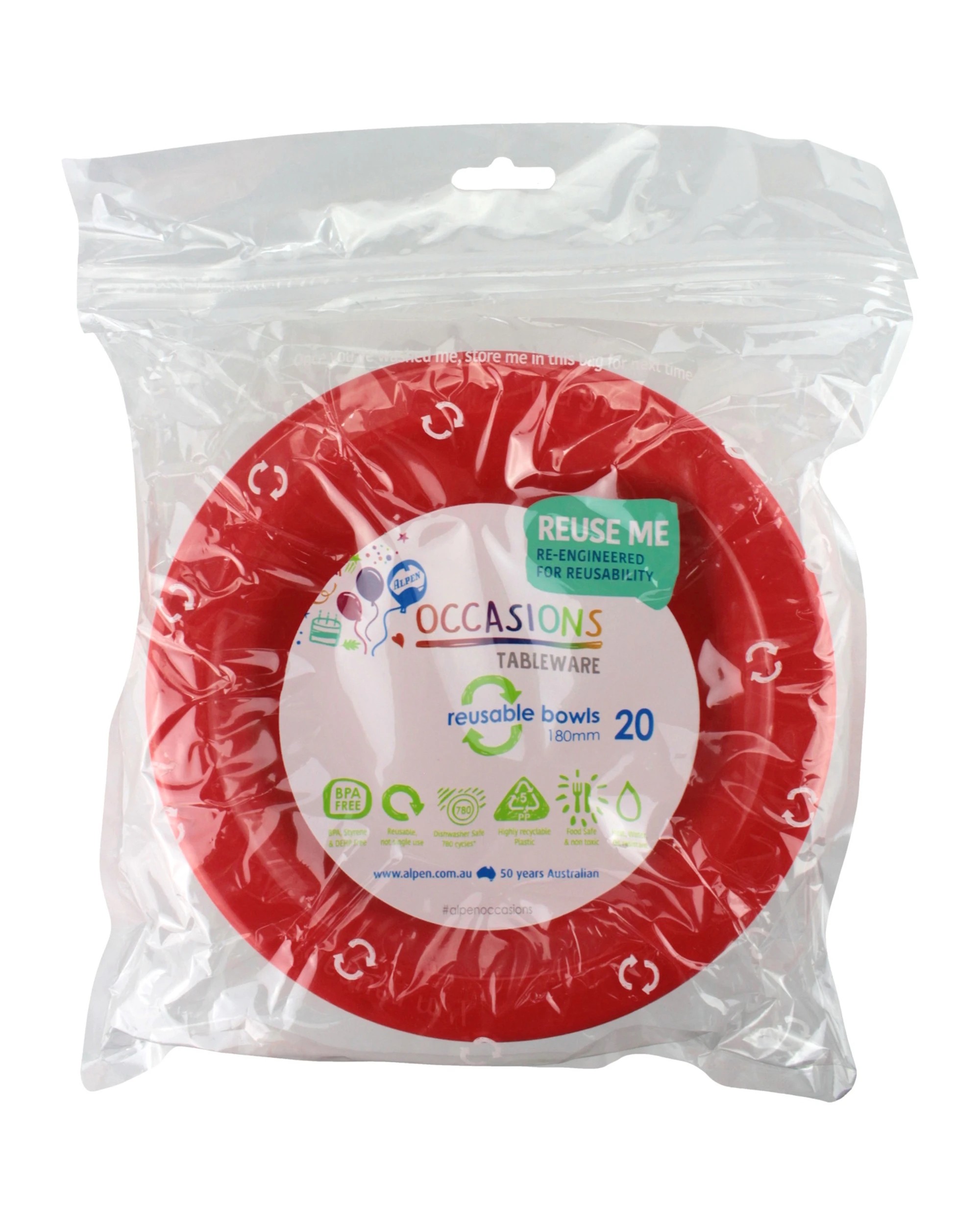 2 Alpen 18cm Plastic Reusable Bowls Pack of 20 - Red, 2 of 3