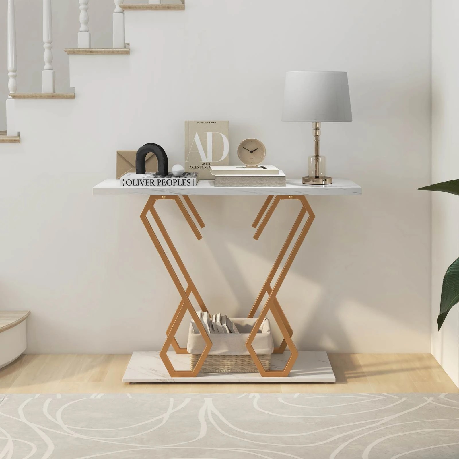 3 Costway Faux Marble Entryway Table Console Table w/Metal Frame Hallway Side Table, 3 of 4