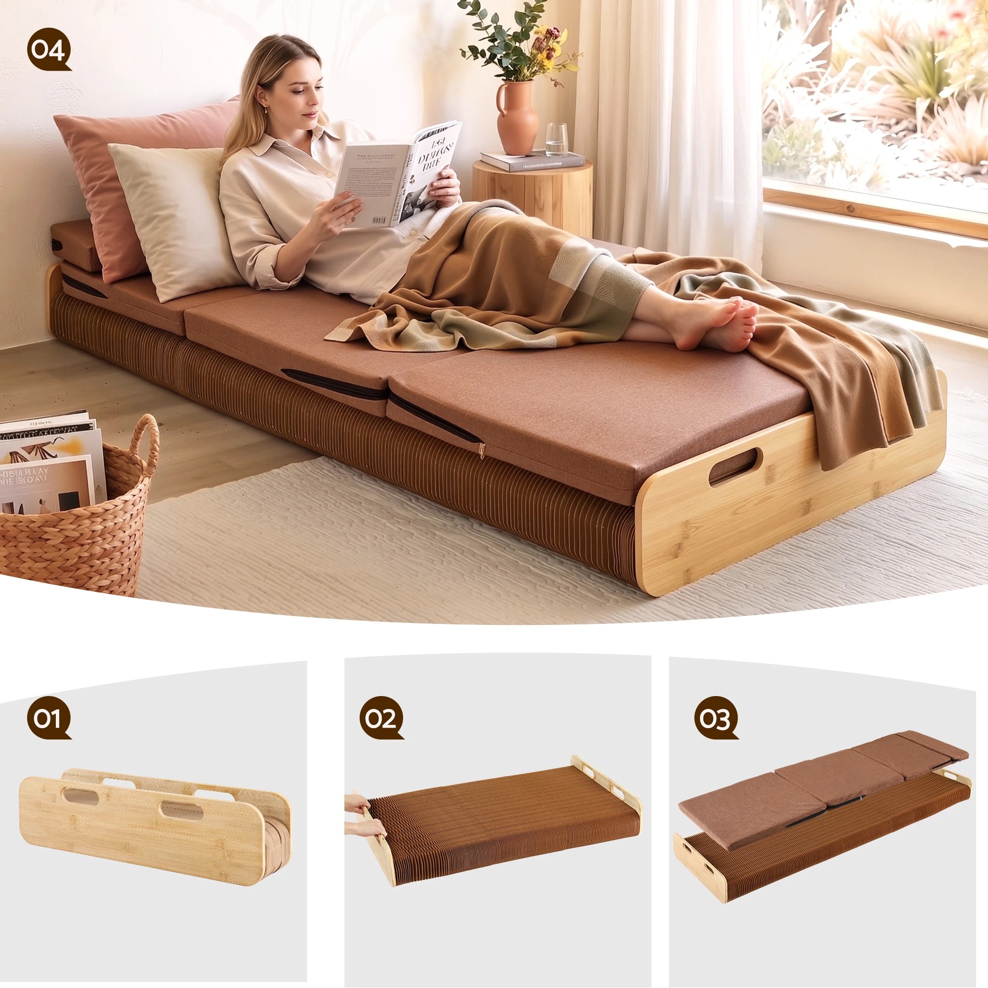 5 Artiss Folding Kraft Paper Bed Frame with Mattress and Pillow 300kg Capacity - Brown, 5 of 9
