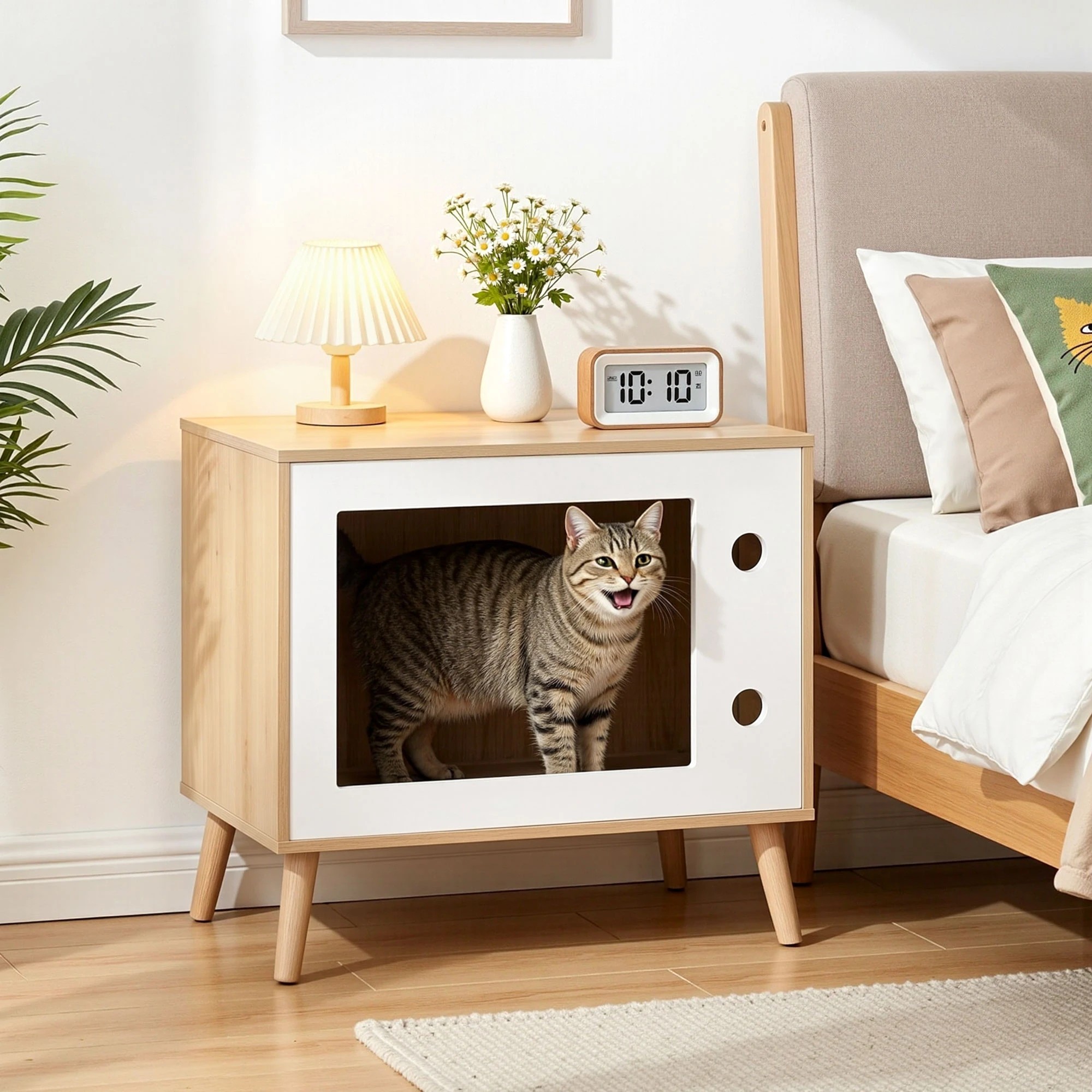 4 Artiss Cat Nest House Bedside Table Solid Wood Storage Cat Bed 60cm - Natural, 4 of 7