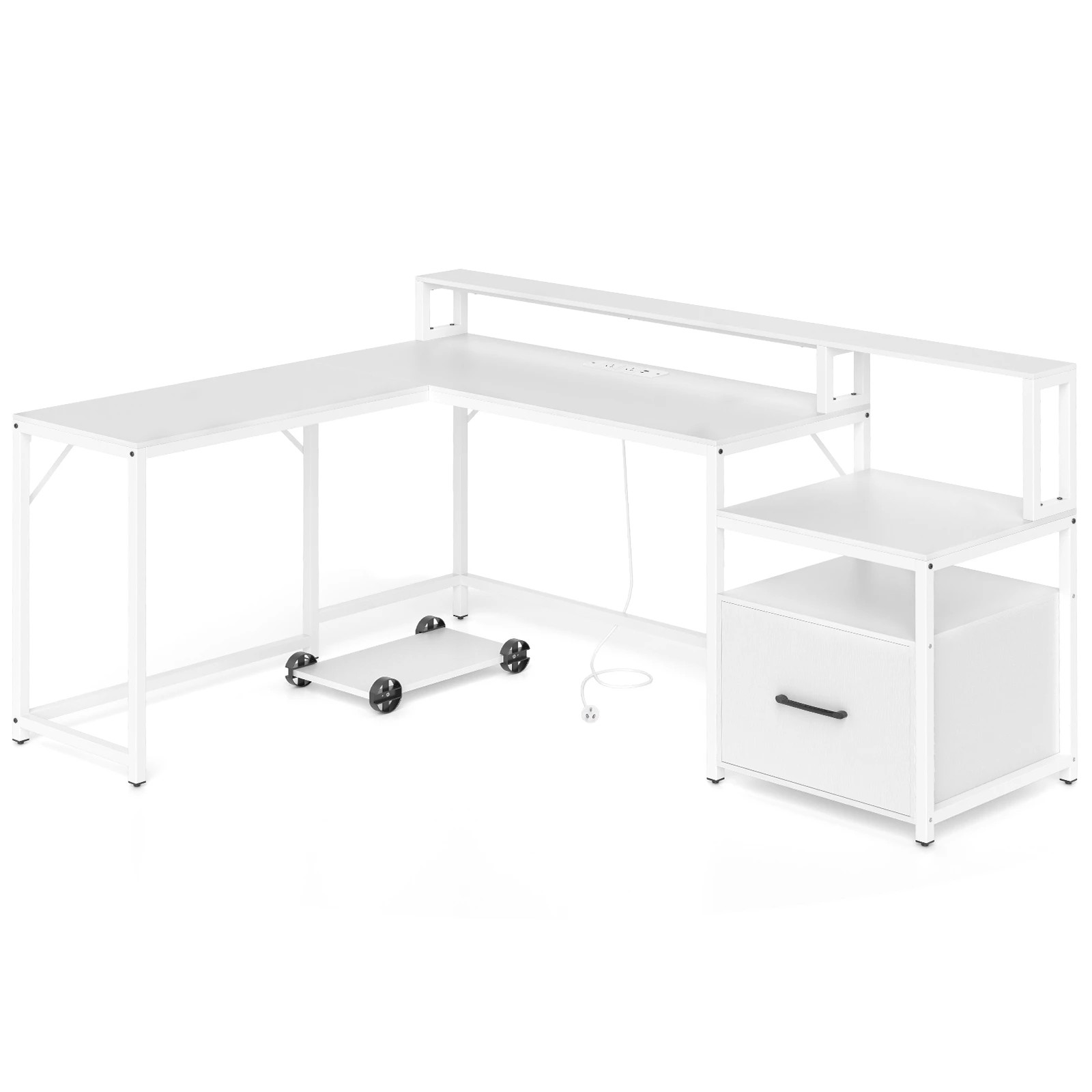 1 Costway 170cm L-shaped Computer Desk w/Power Outlet Office Study Table, 1 of 5