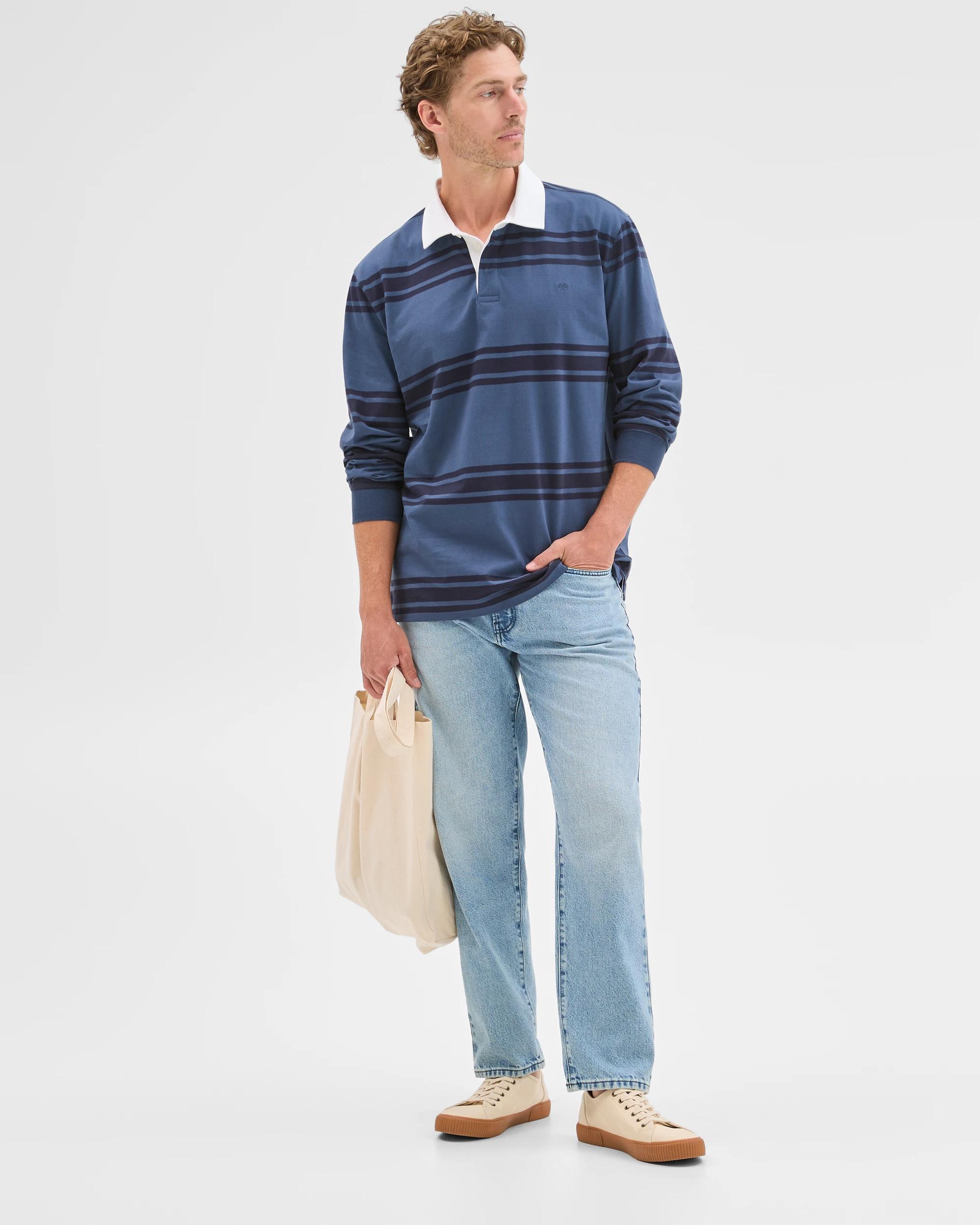 1 Target Man Australian Cotton Long Sleeve Rugby Polo Top DENIM STRIPE, 1 of 7