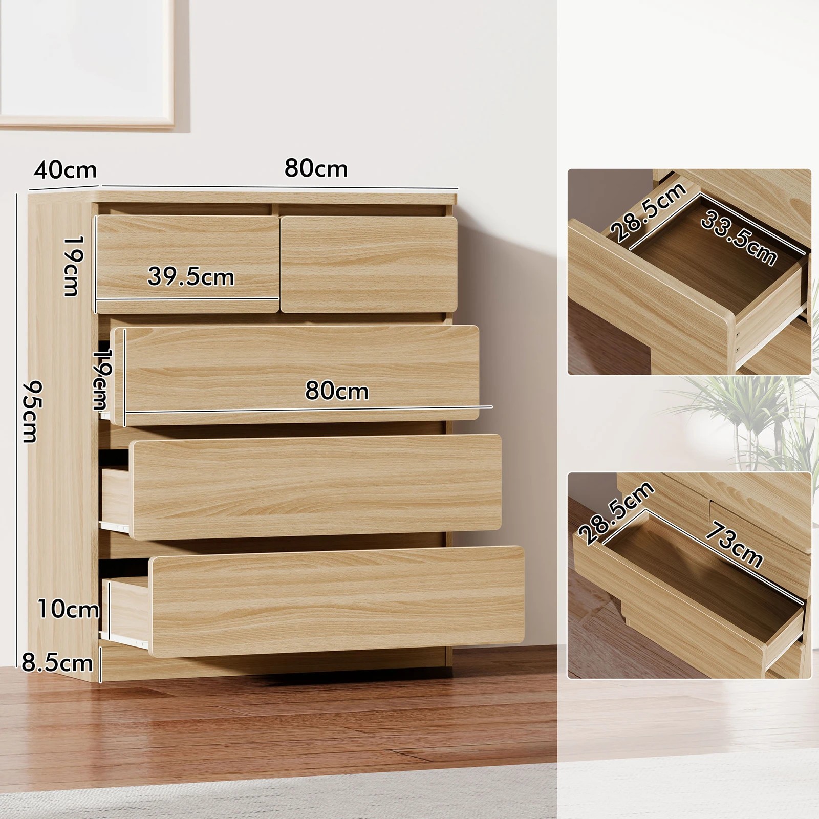 3 Alfordson 5 Chest of Drawers Minimalist Storage Cabinet Dresser - Oak, 3 of 10