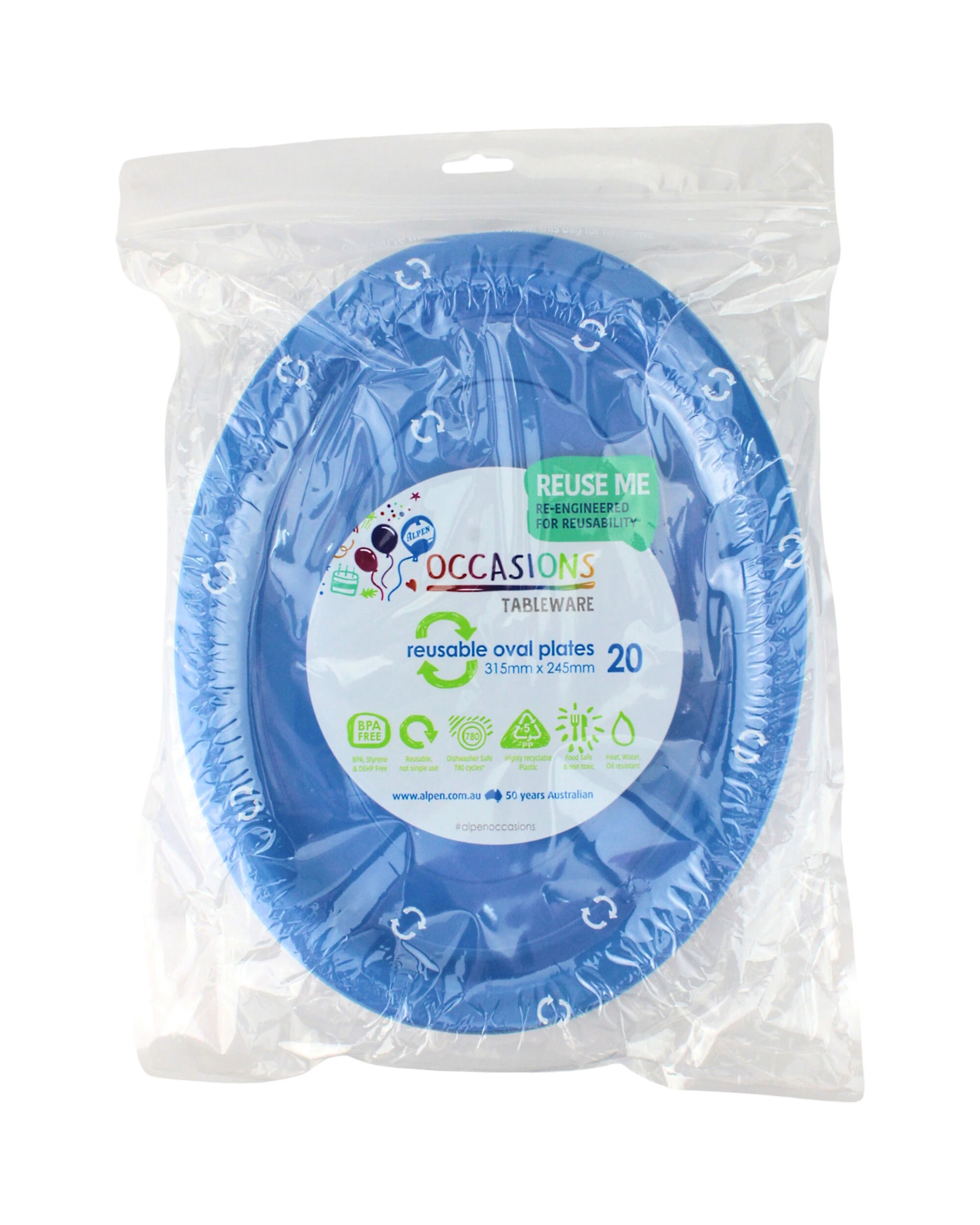 2 Alpen Reusable Oval Plates 31.5cm Pack of 20 - Royal Blue - Royal Blue, 2 of 3